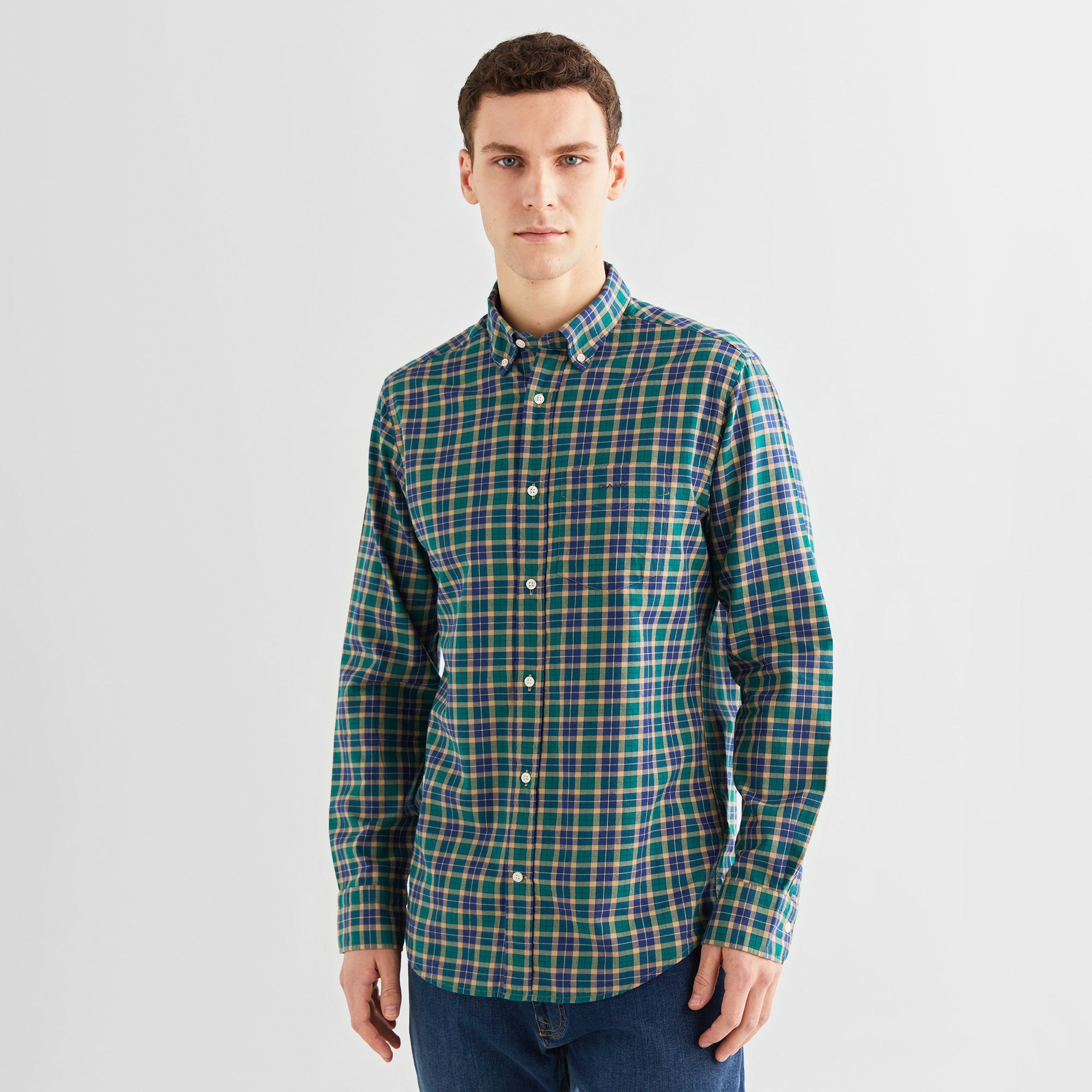 GANT Erkek Yeşil Regular Fit Düğmeli Yaka Kareli Gömlek