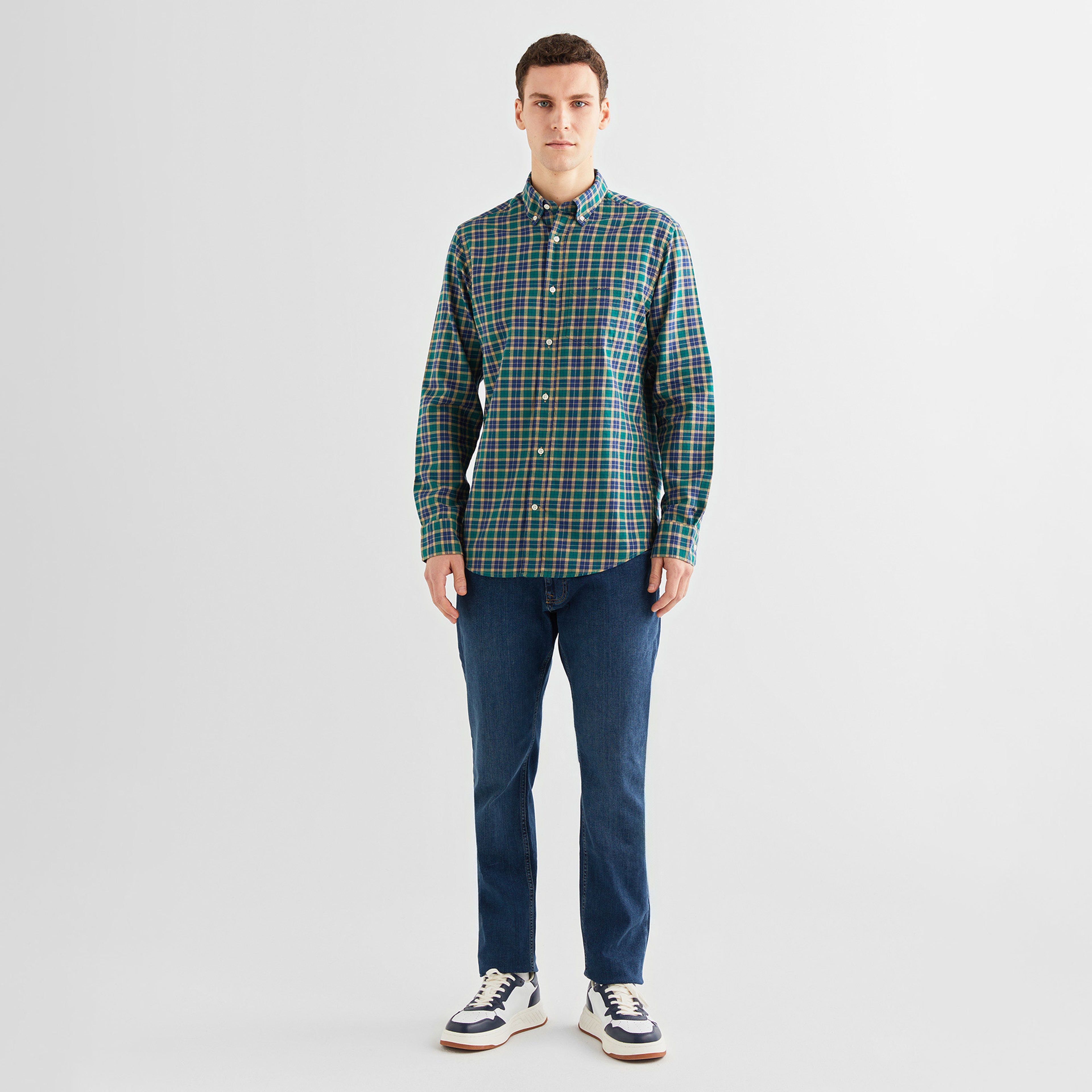 GANT Erkek Yeşil Regular Fit Düğmeli Yaka Kareli Gömlek
