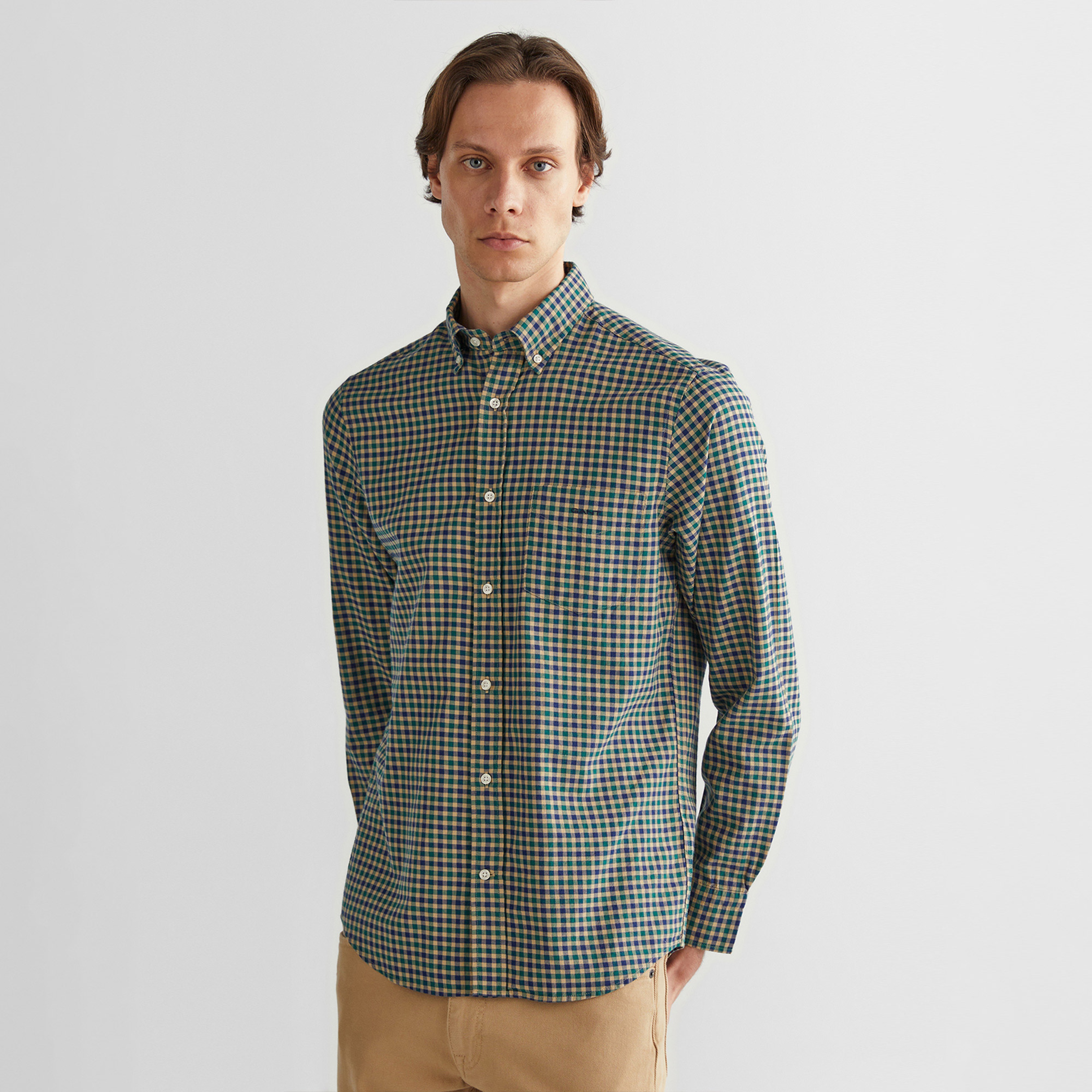 GANT Erkek Yeşil Regular Fit Düğmeli Yaka Kareli Gömlek