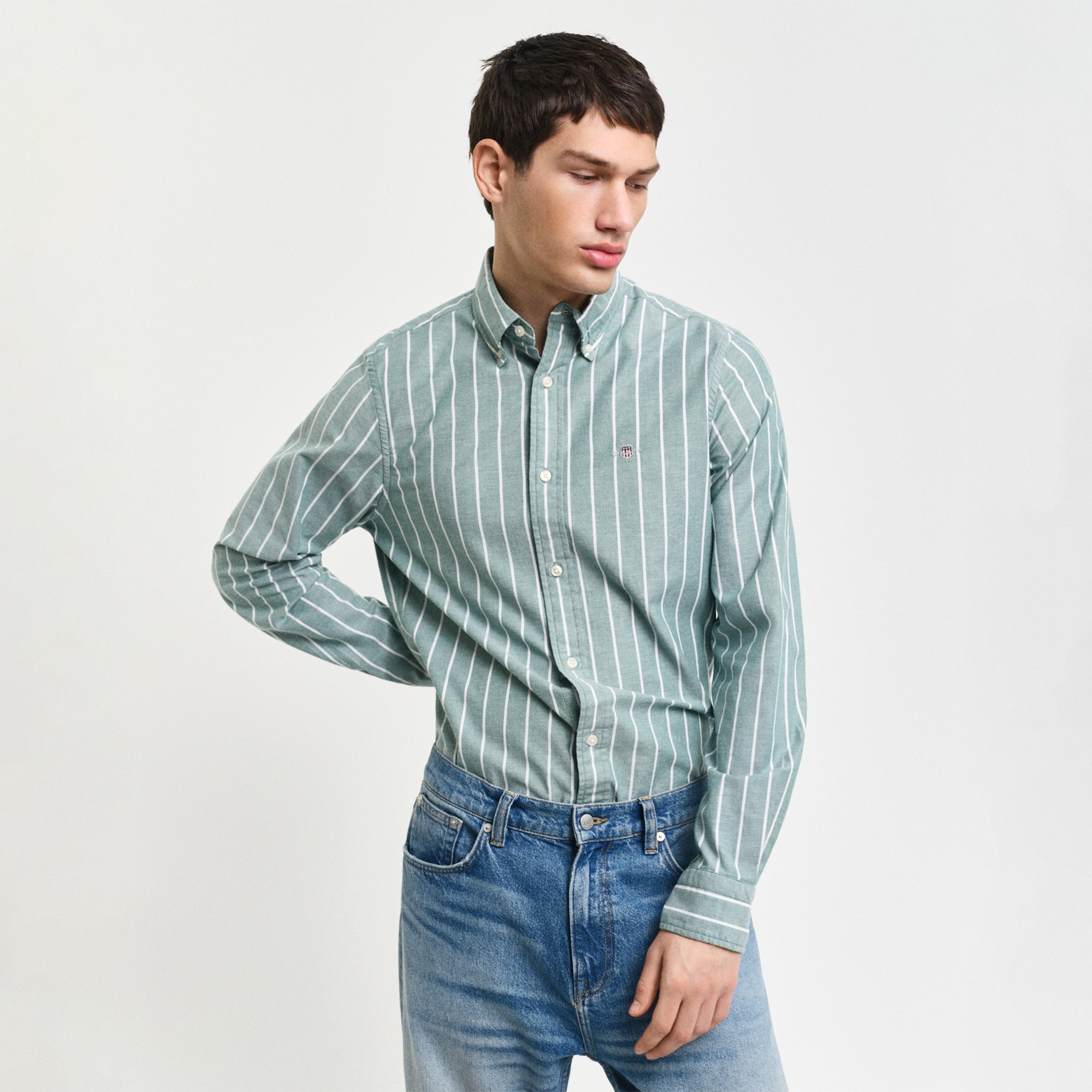 GANT Erkek Yeşil Slim Fit Düğmeli Yaka Çizgili Oxford Gömlek