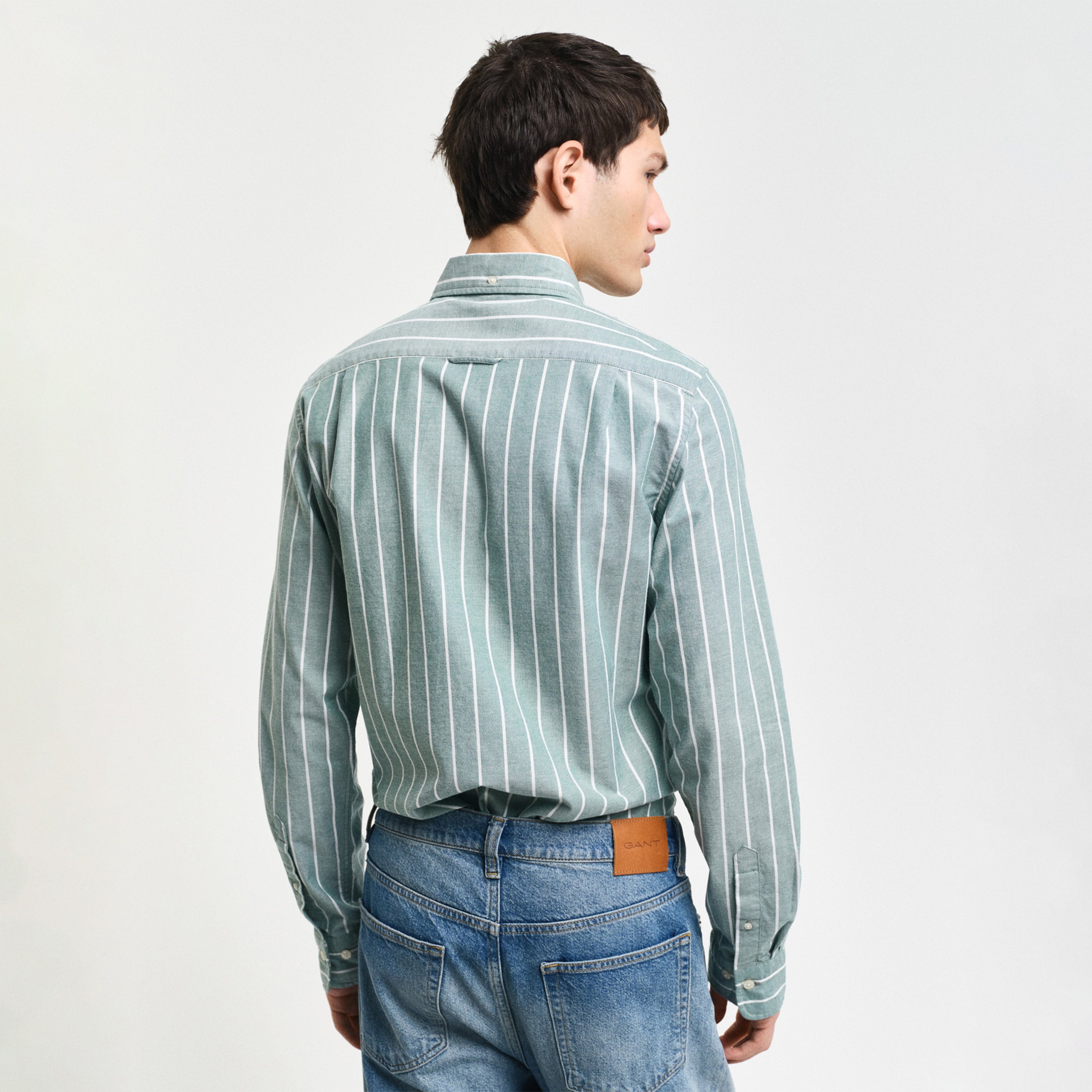 GANT Erkek Yeşil Slim Fit Düğmeli Yaka Çizgili Oxford Gömlek