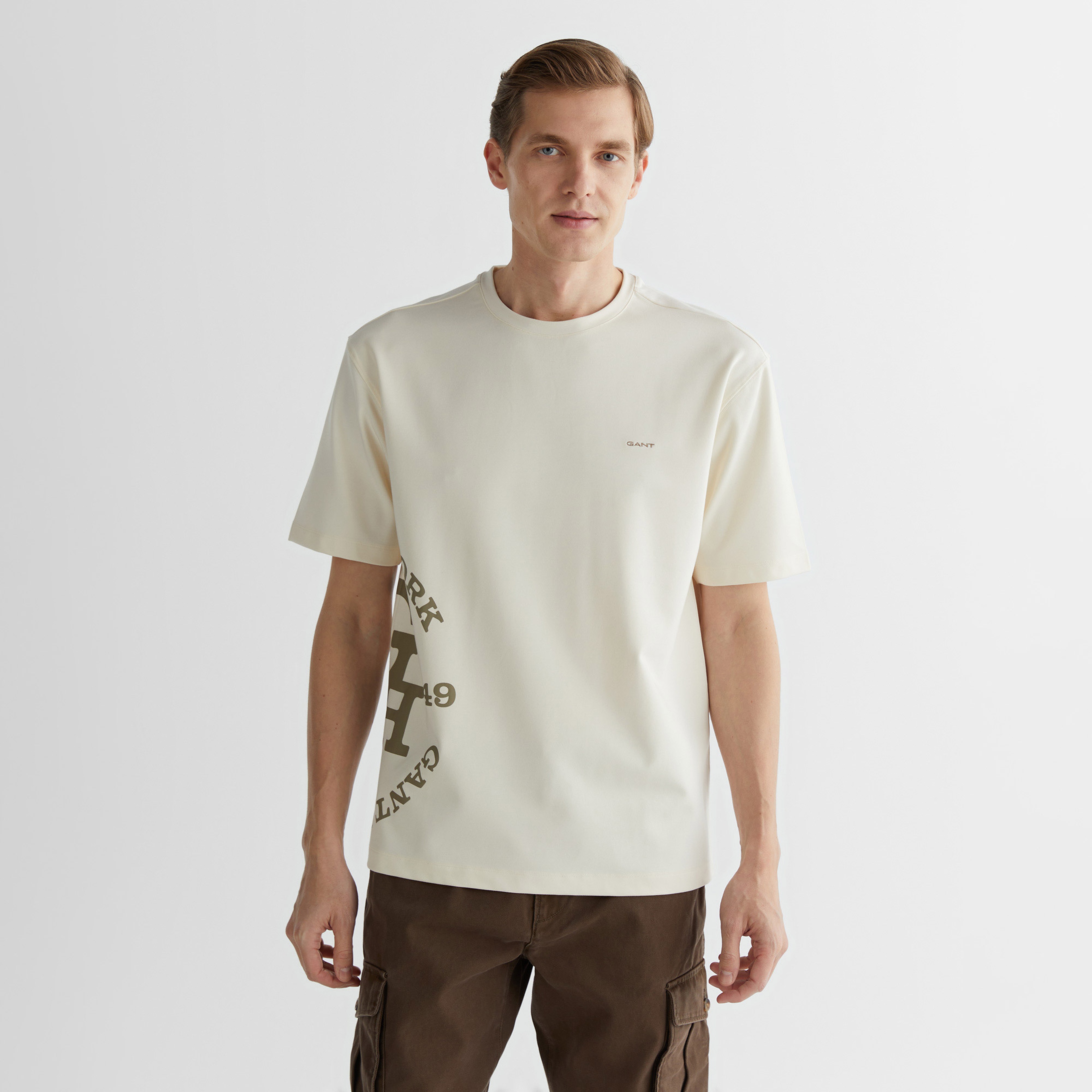 GANT Erkek Krem Regular Fit Bisiklet Yaka Logolu T-Shirt
