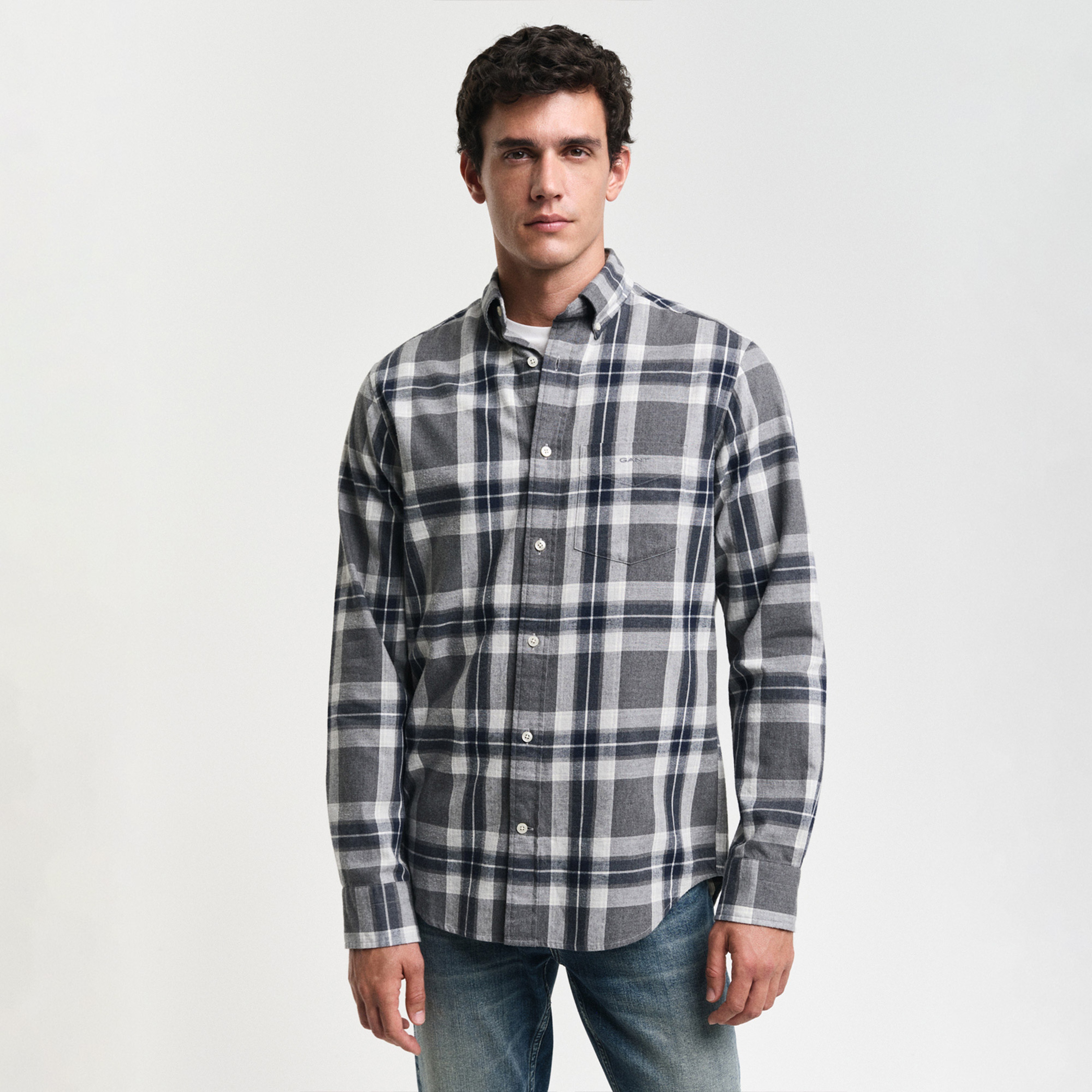 GANT Erkek Gri Regular Fit Düğmeli Yaka Kareli Gömlek