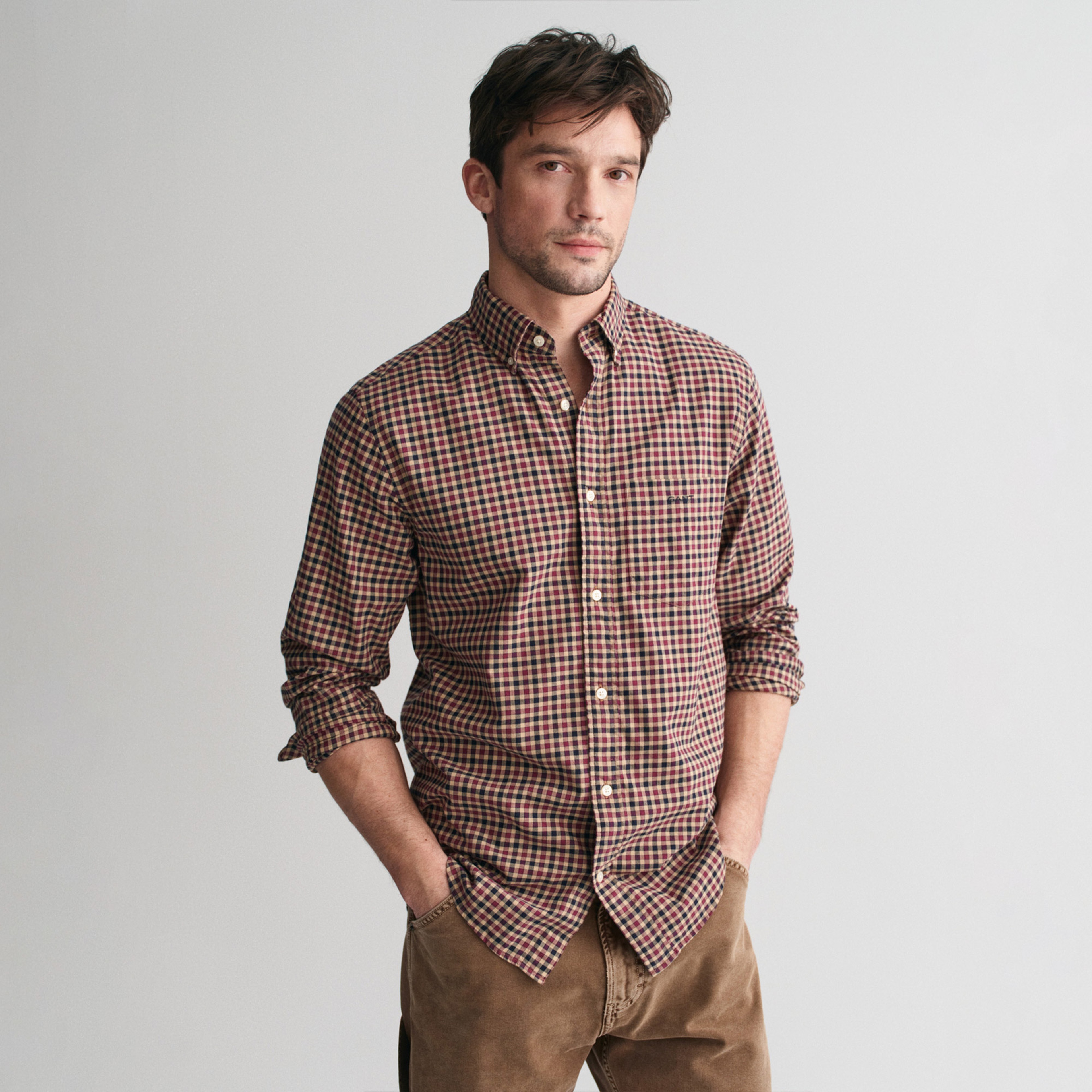 GANT Erkek Bordo Regular Fit Düğmeli Yaka Kareli Gömlek