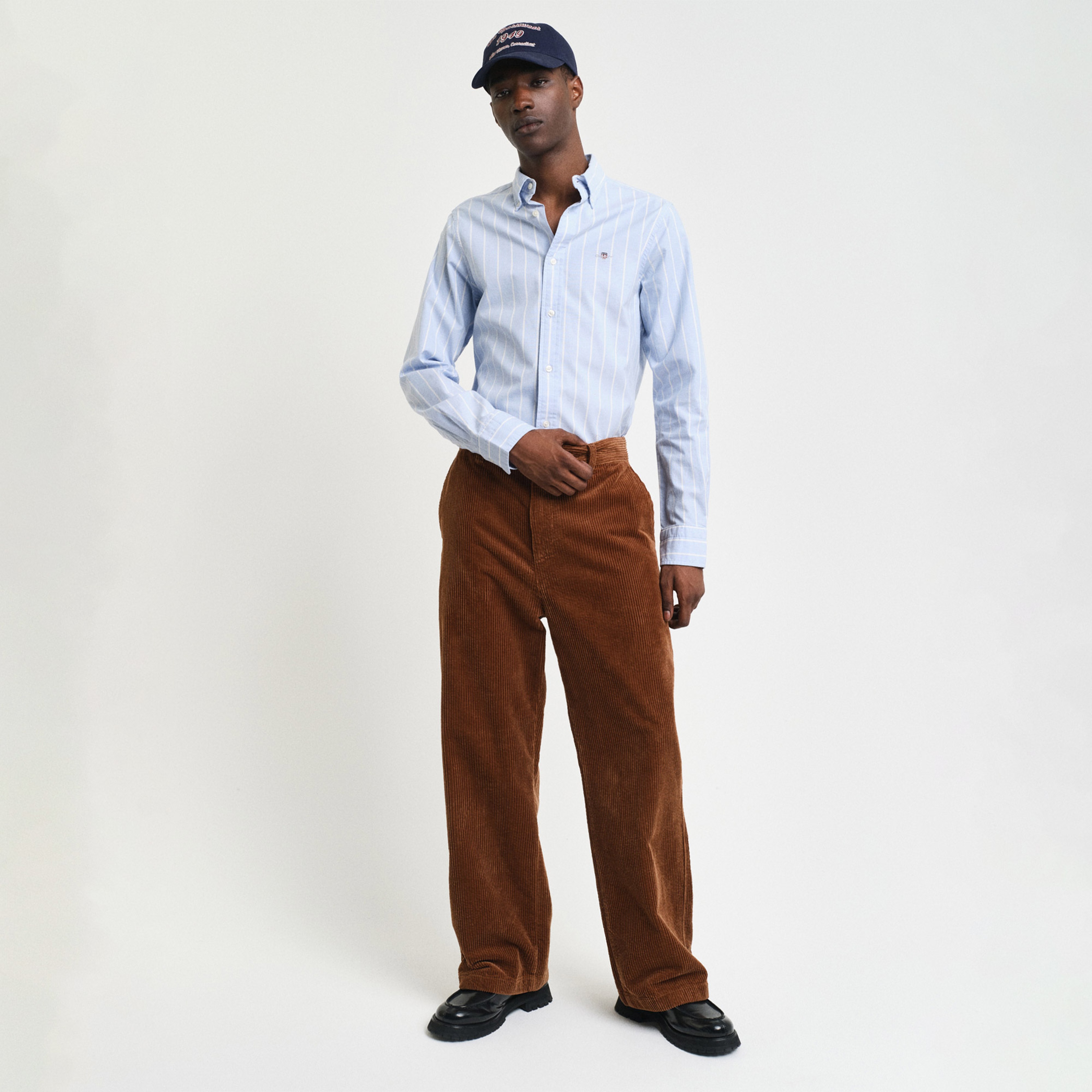 GANT Erkek Mavi Slim Fit Düğmeli Yaka Çizgili Oxford Gömlek