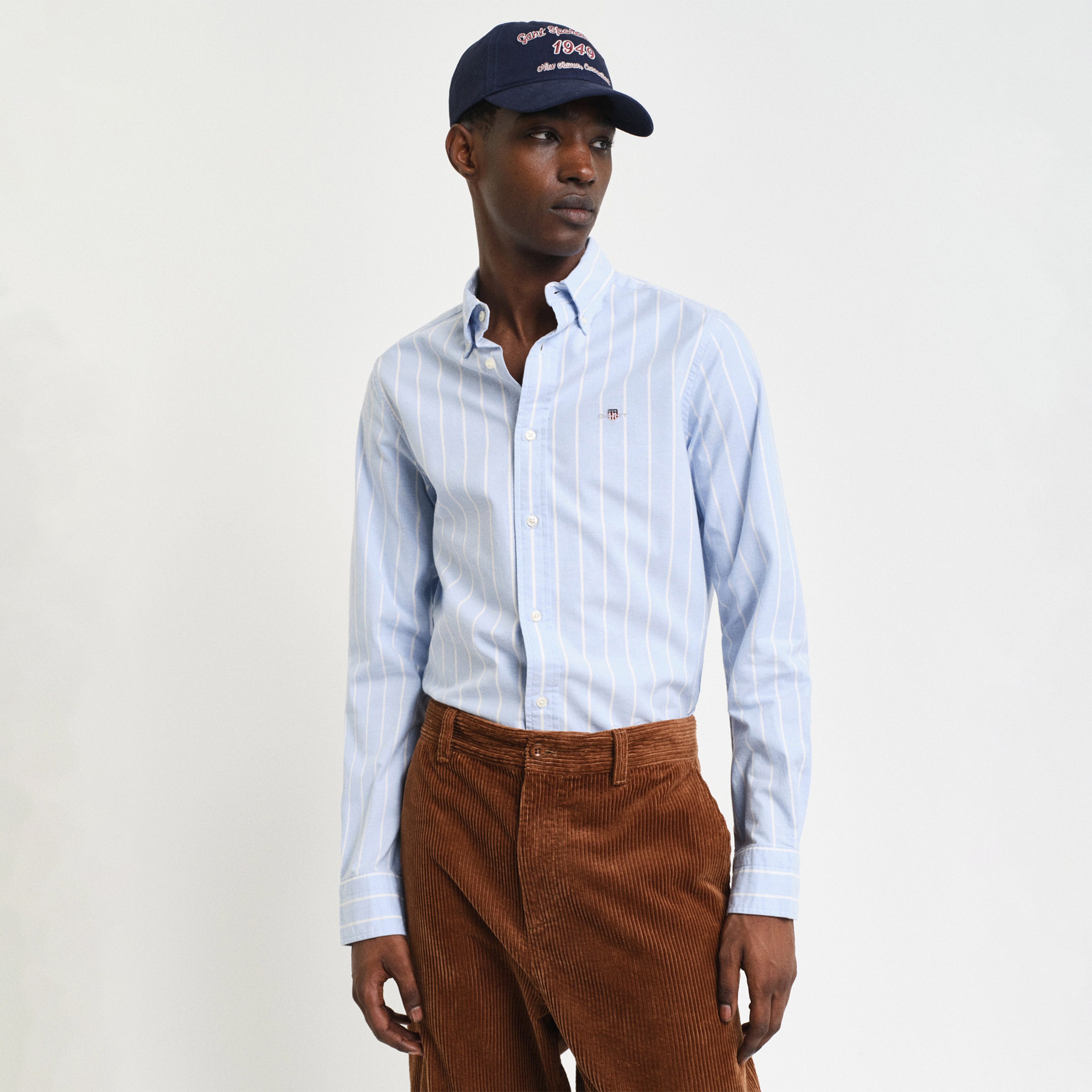 GANT Erkek Mavi Slim Fit Düğmeli Yaka Çizgili Oxford Gömlek