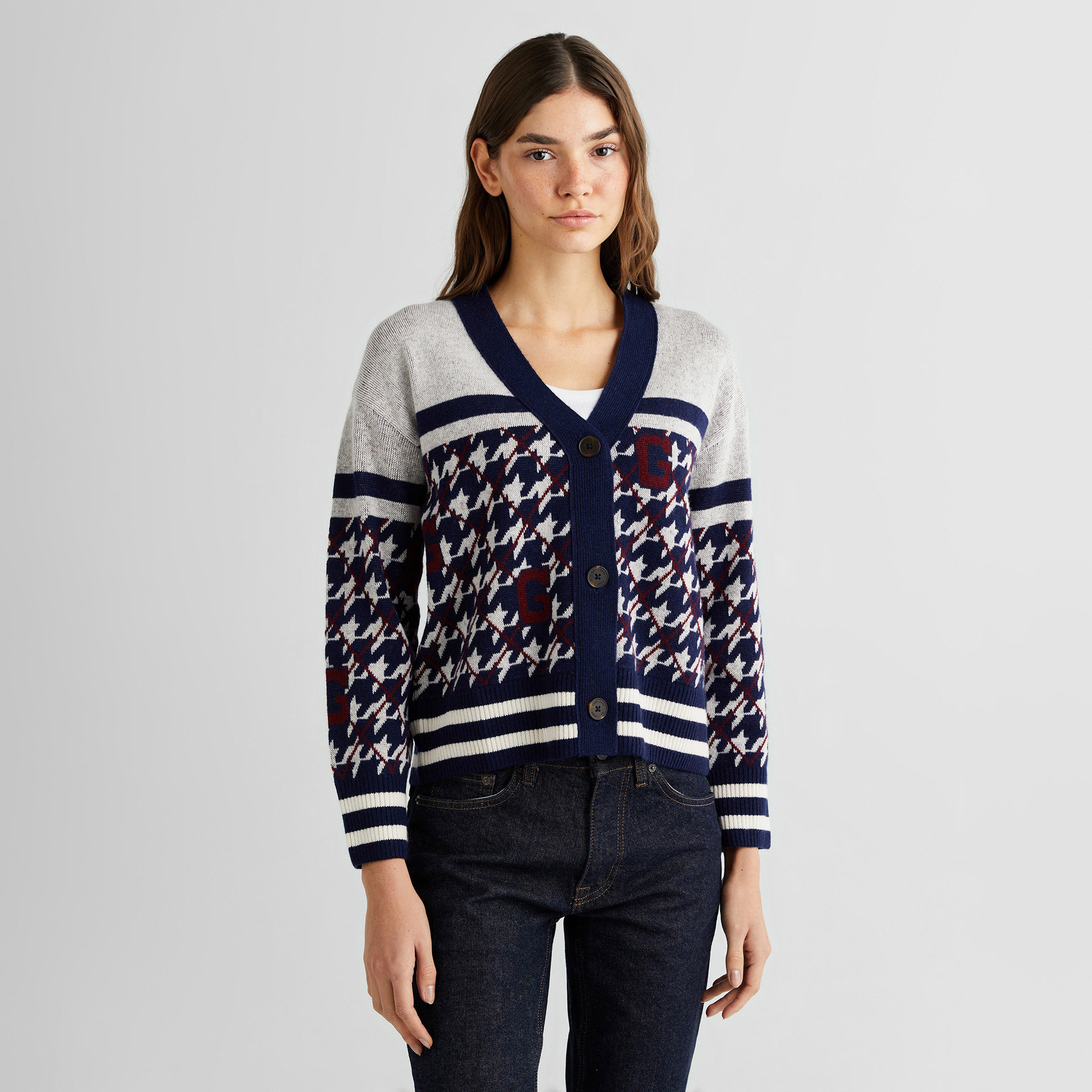 GANT Kadın Lacivert Relaxed Fit V Yaka Logolu Hırka