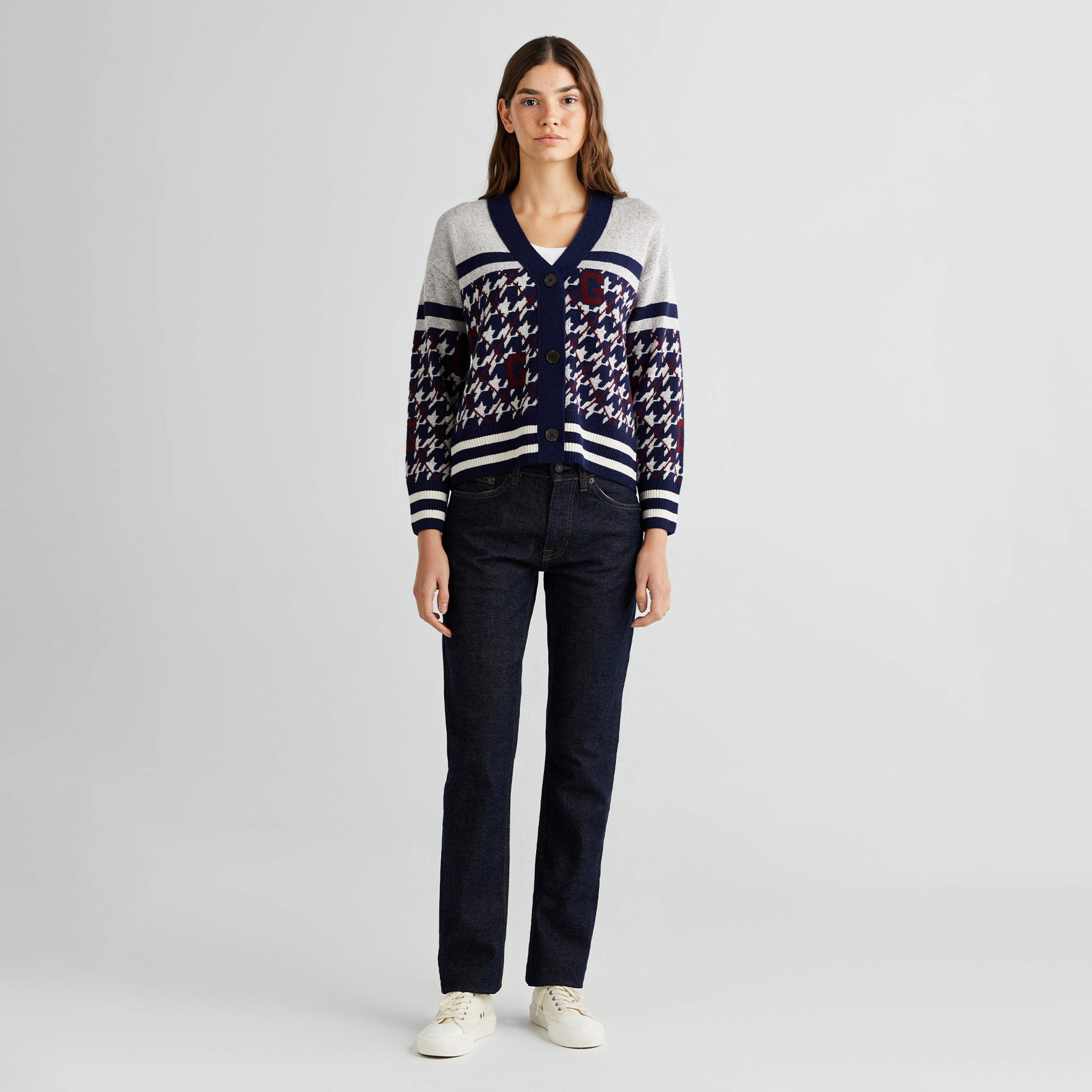GANT Kadın Lacivert Relaxed Fit V Yaka Logolu Hırka