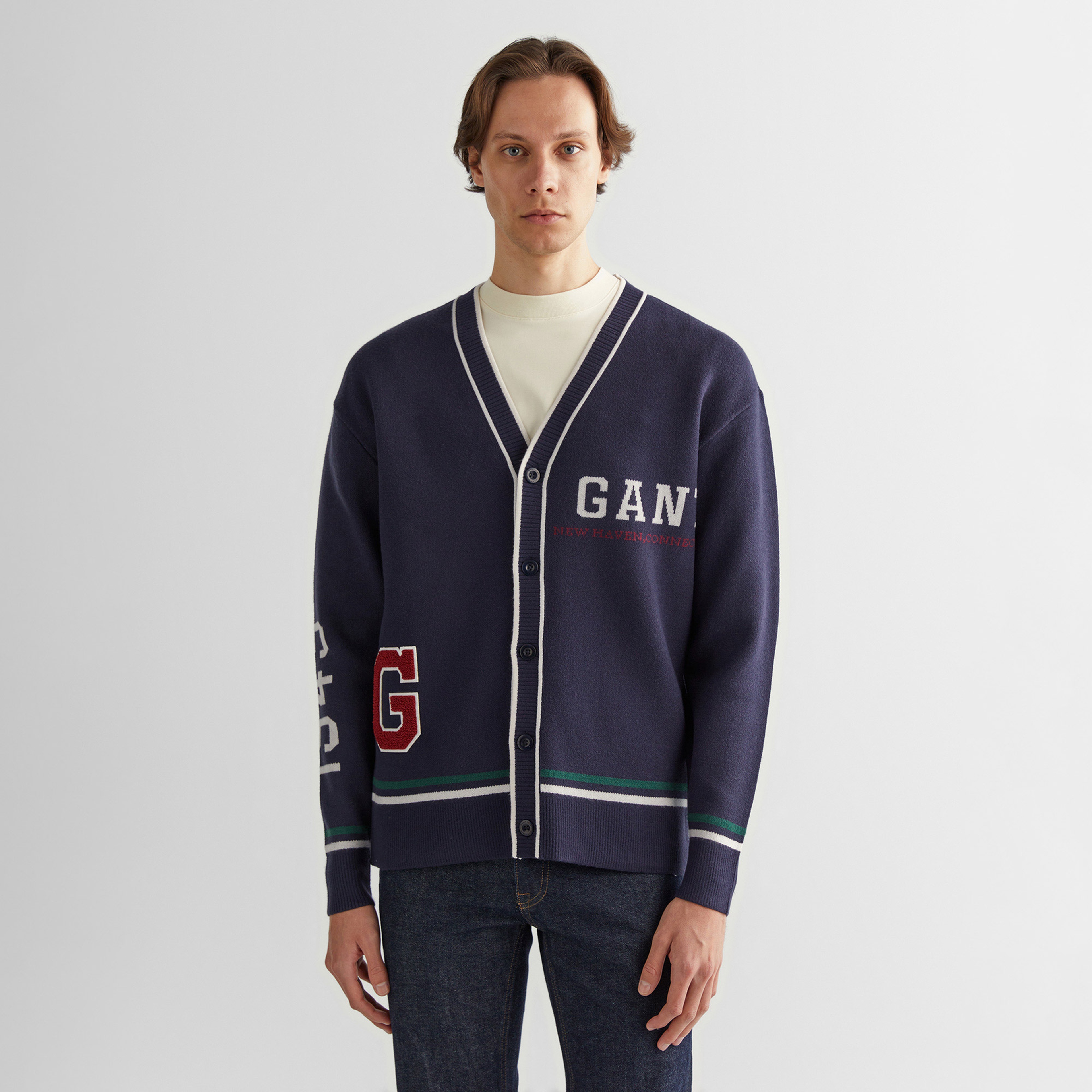 GANT Erkek Lacivert Relaxed Fit V Yaka Logolu Hırka