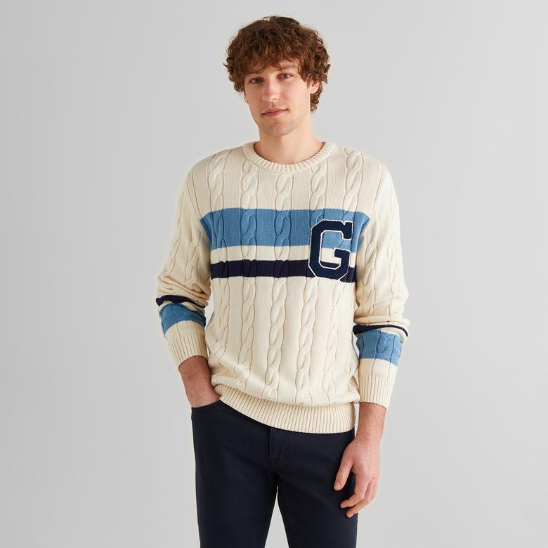 GANT Erkek Krem Relaxed Fit Bisiklet Yaka Renk Bloklu Kazak