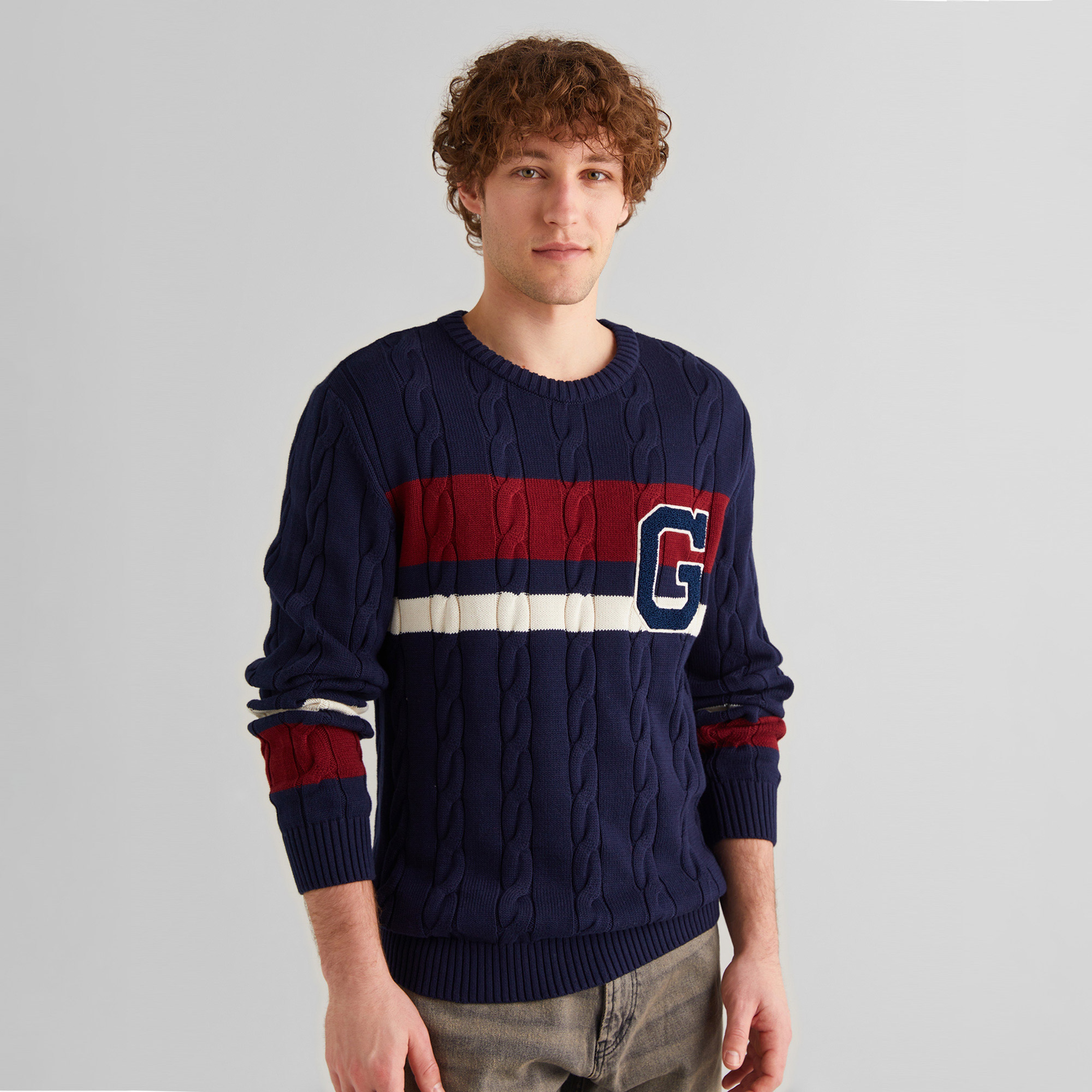 GANT Erkek Lacivert Relaxed Fit Bisiklet Yaka Renk Bloklu Kazak