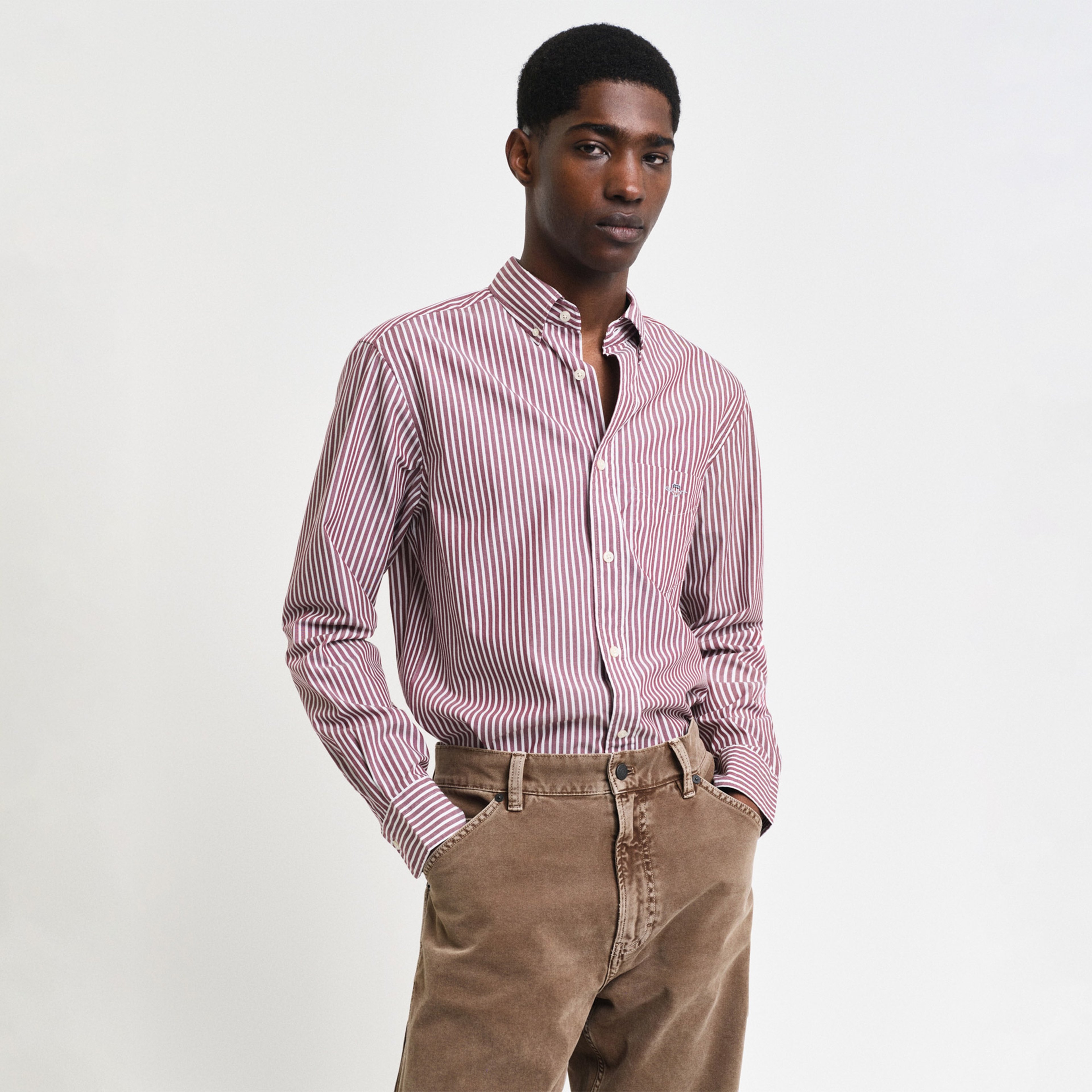 GANT Erkek Bordo Regular Fit Düğmeli Yaka Çizgili Gömlek