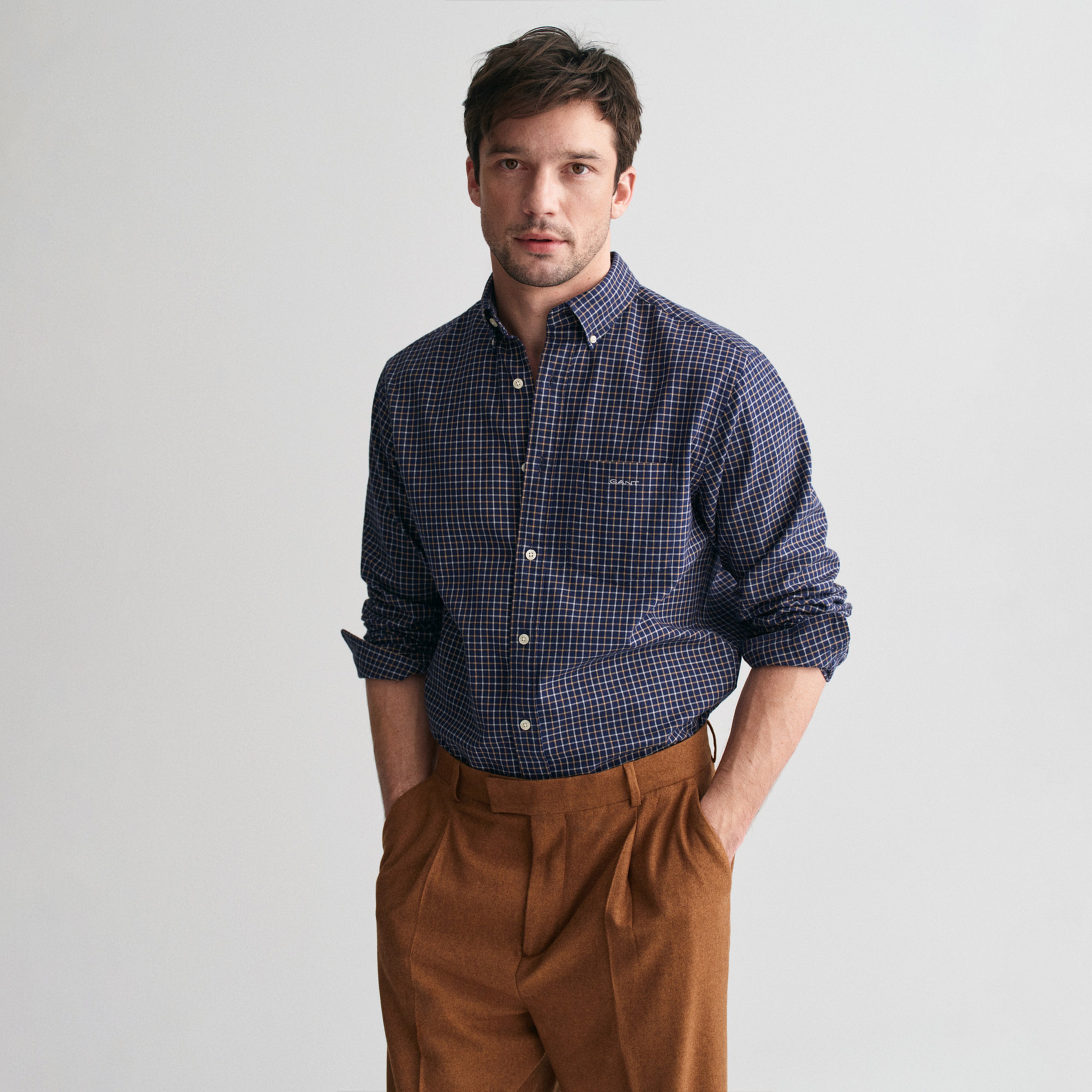 GANT Erkek Lacivert Regular Fit Düğmeli Yaka Kareli Gömlek