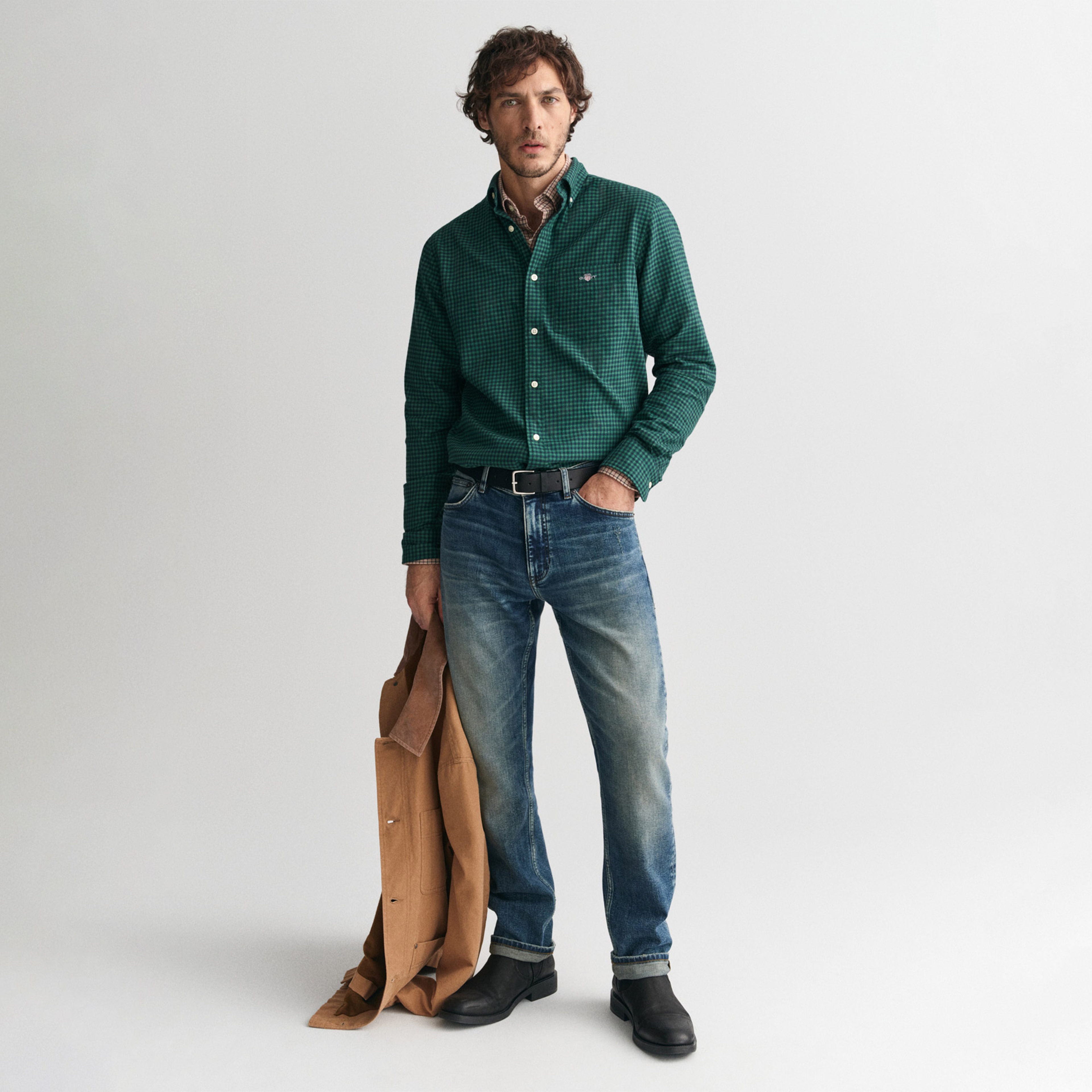 GANT Erkek Yeşil Regular Fit Düğmeli Yaka Kareli Gömlek