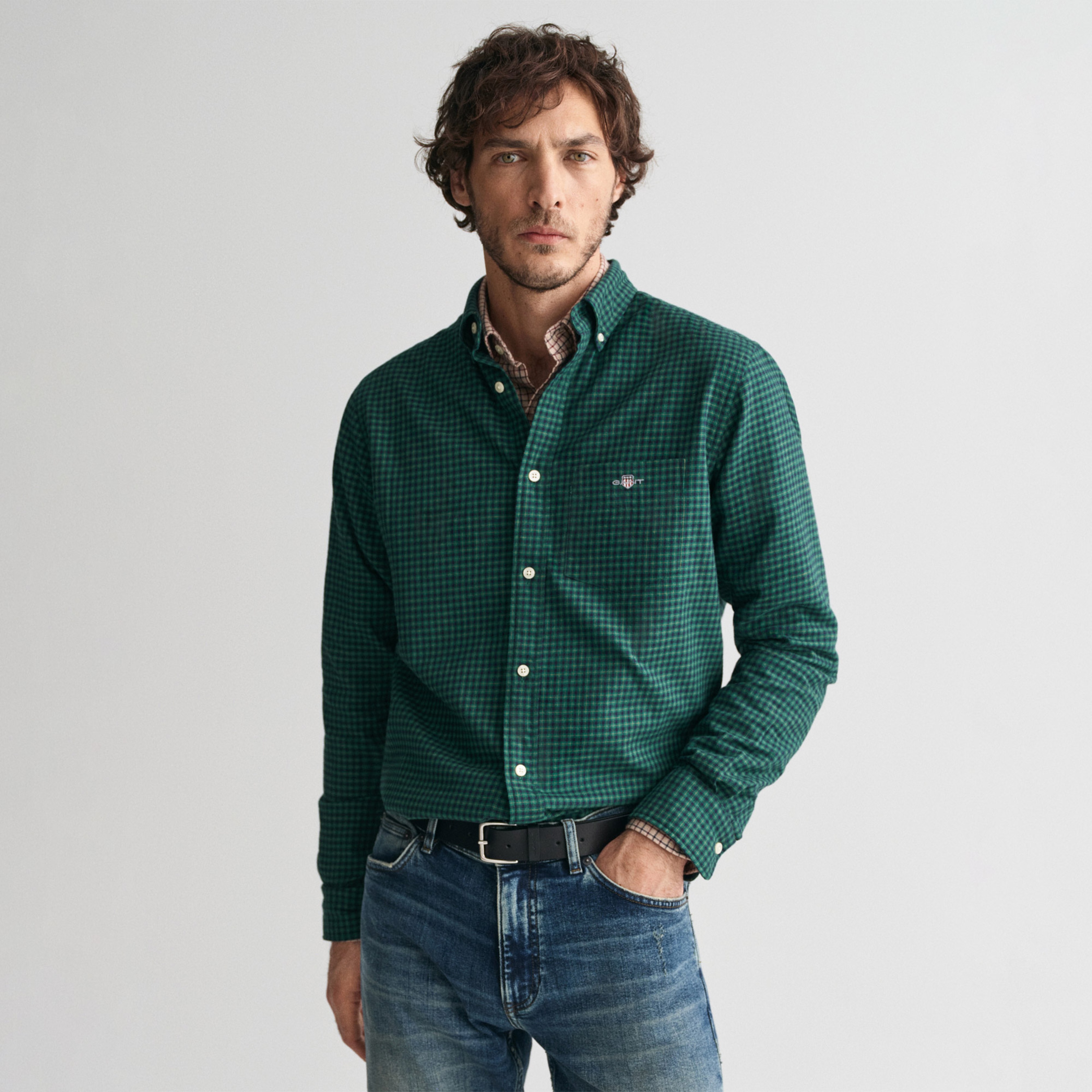 GANT Erkek Yeşil Regular Fit Düğmeli Yaka Kareli Gömlek
