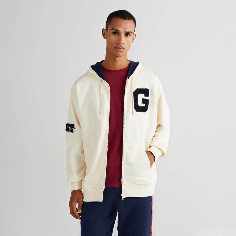 GANT Erkek Krem Relaxed Fit Kapüşonlu Logolu Sweatshirt