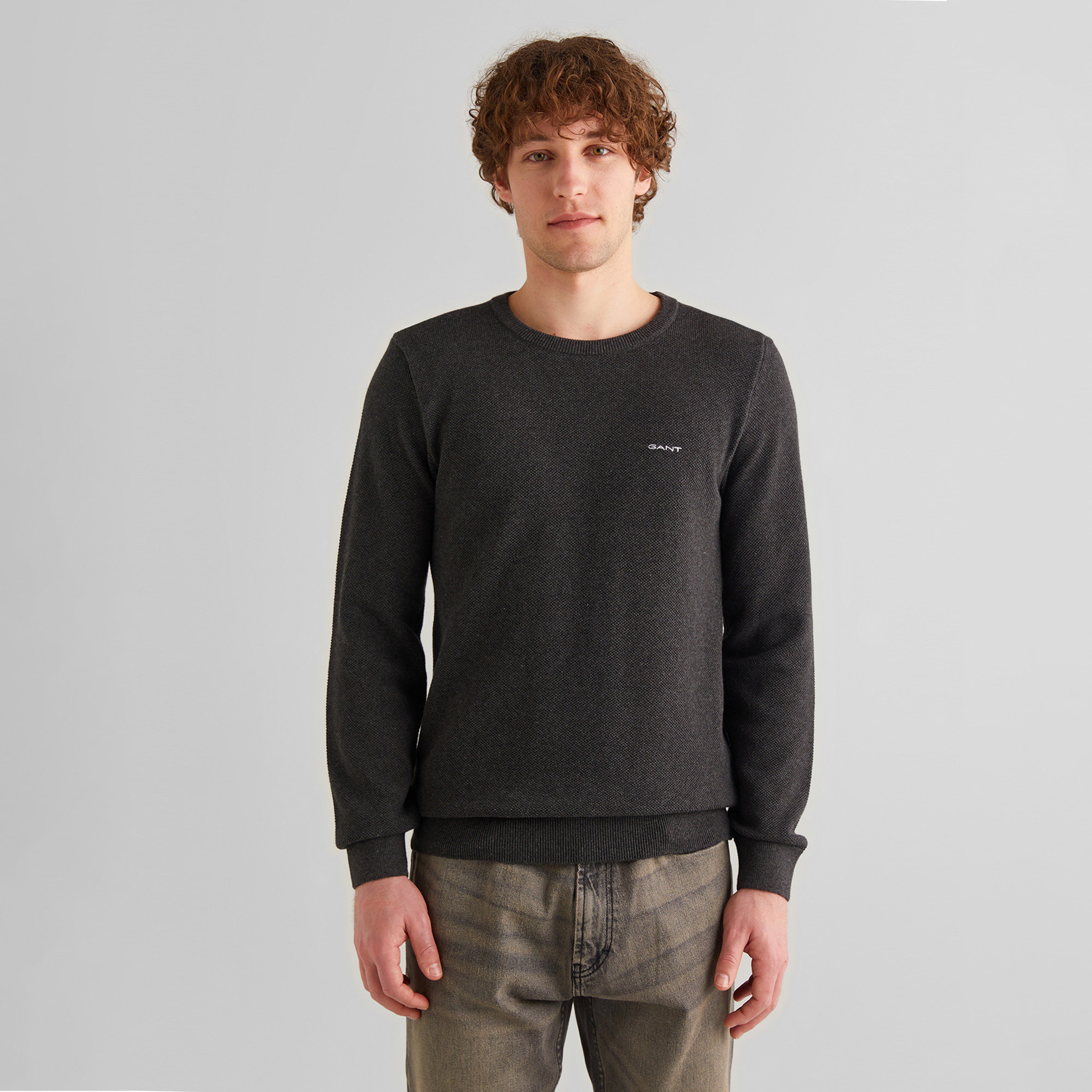 GANT Erkek Gri Regular Fit Bisiklet Yaka Kazak