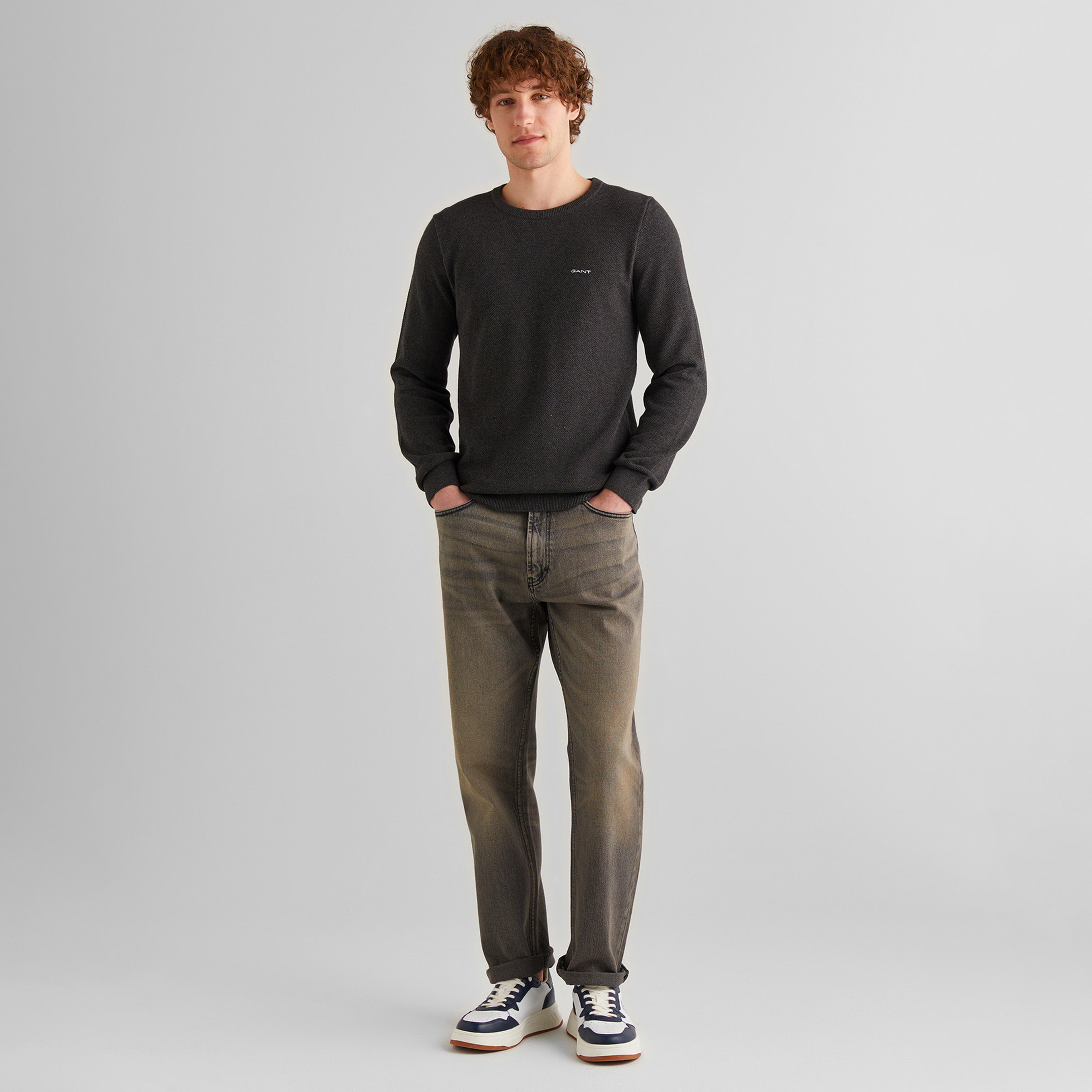 GANT Erkek Gri Regular Fit Bisiklet Yaka Kazak