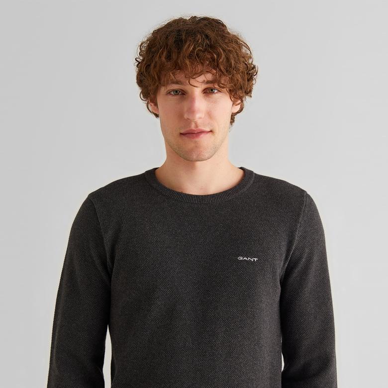 GANT Erkek Gri Regular Fit Bisiklet Yaka Kazak