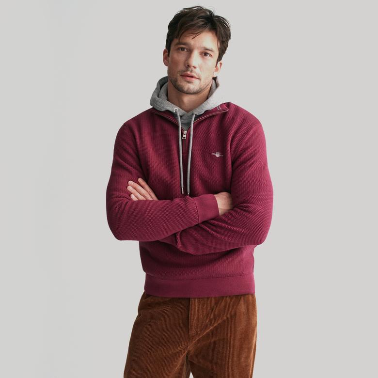 GANT Erkek Bordo Regular Fit Yarım Fermuarlı Kazak