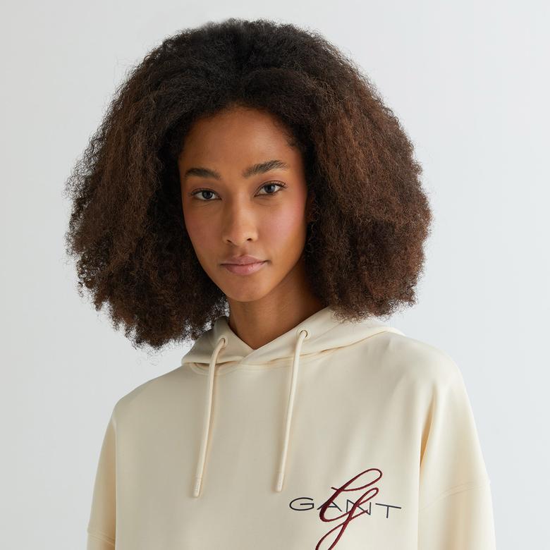 GANT Kadın Krem Oversize Fit Kapüşonlu Logolu Sweatshirt
