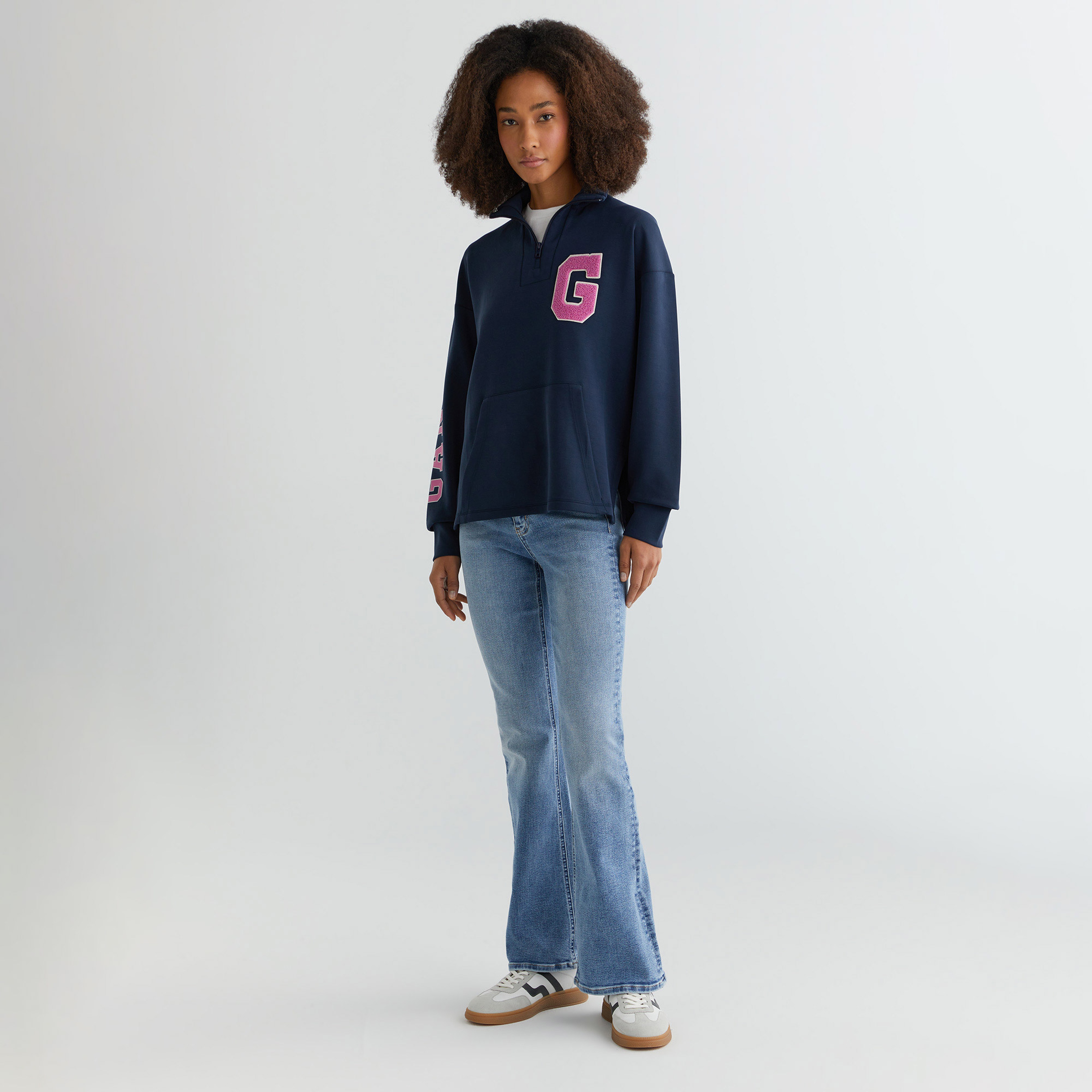 GANT Kadın Lacivert Regular Fit Yarım Fermuarlı Logolu Sweatshirt