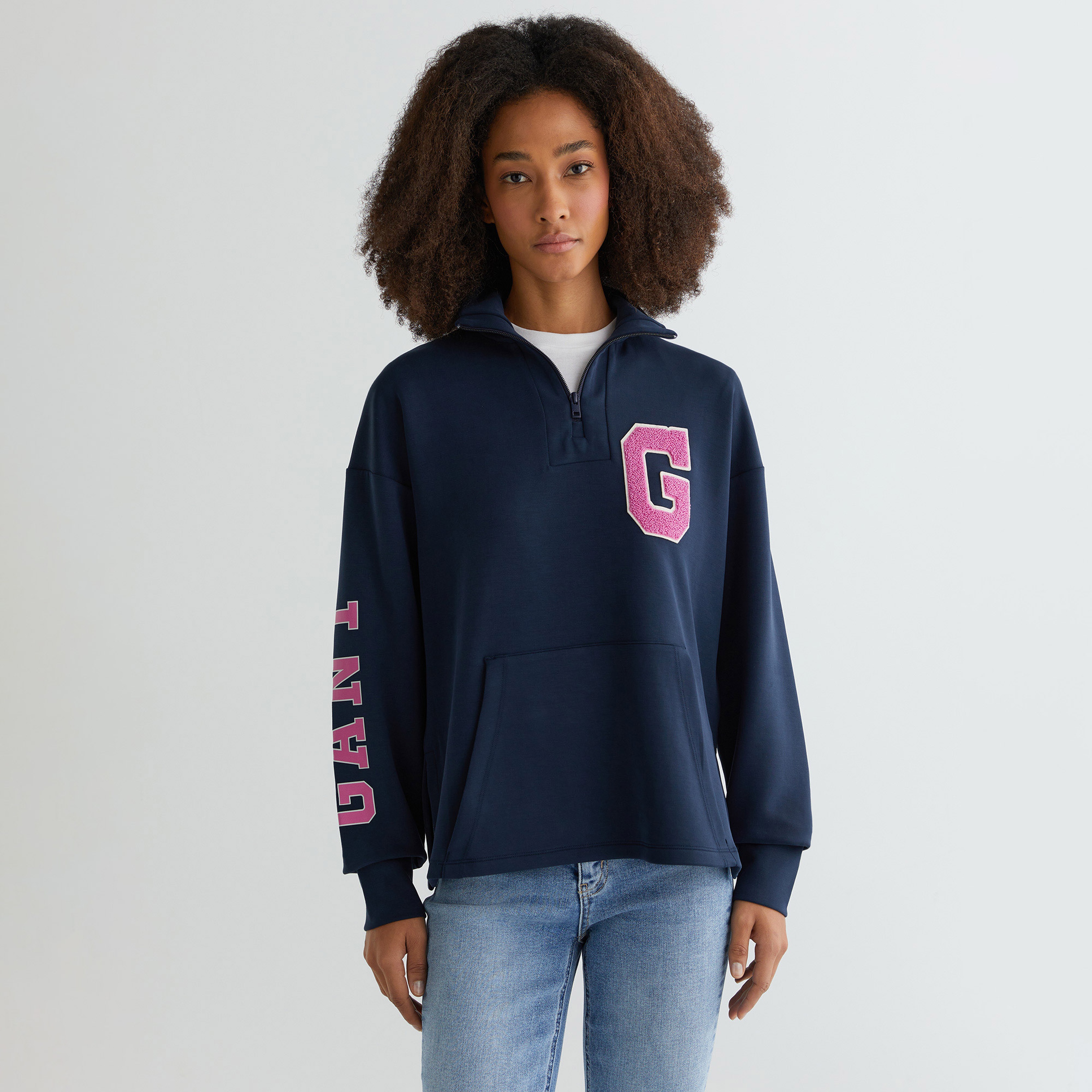 GANT Kadın Lacivert Regular Fit Yarım Fermuarlı Logolu Sweatshirt