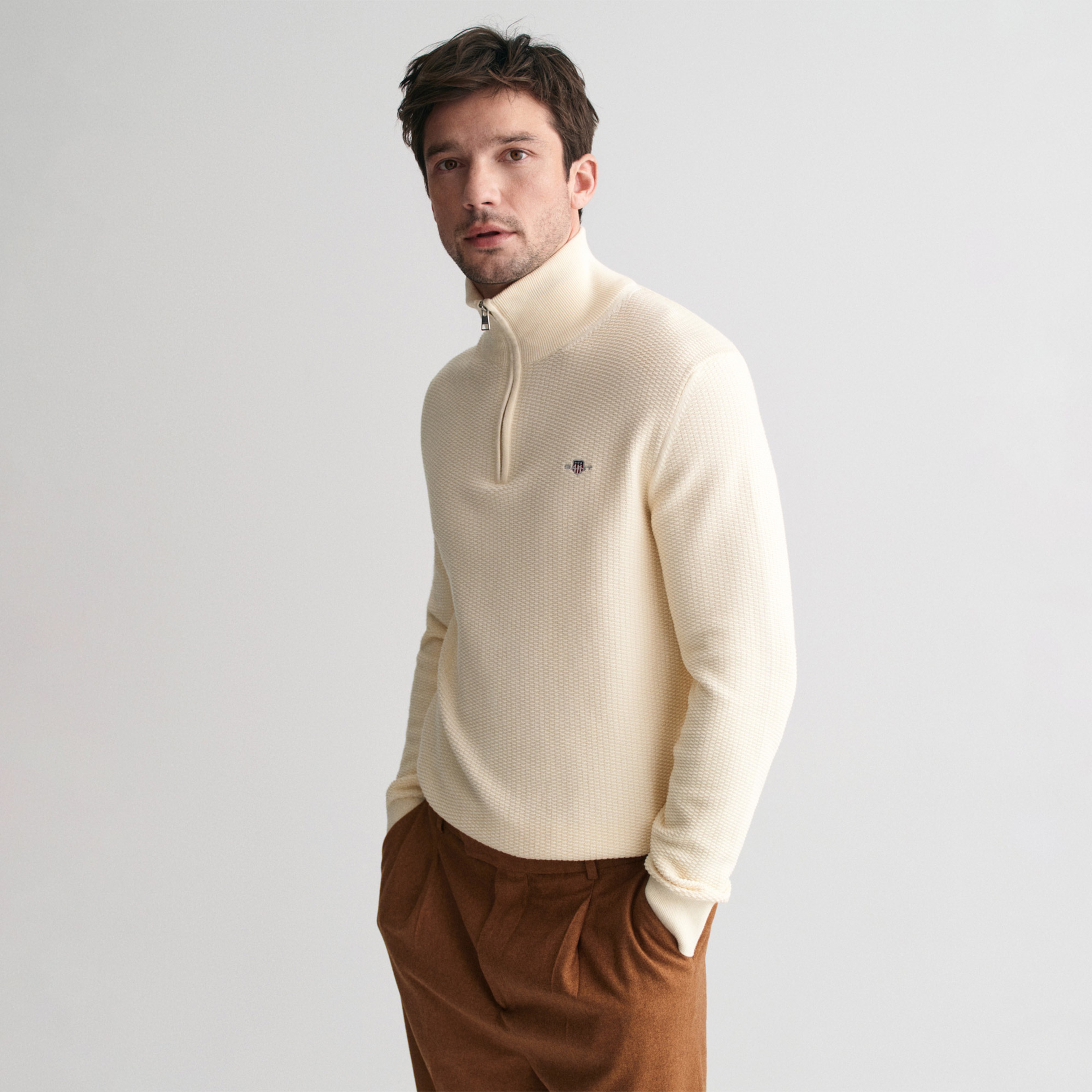 GANT Erkek Krem Regular Fit Yarım Fermuarlı Kazak