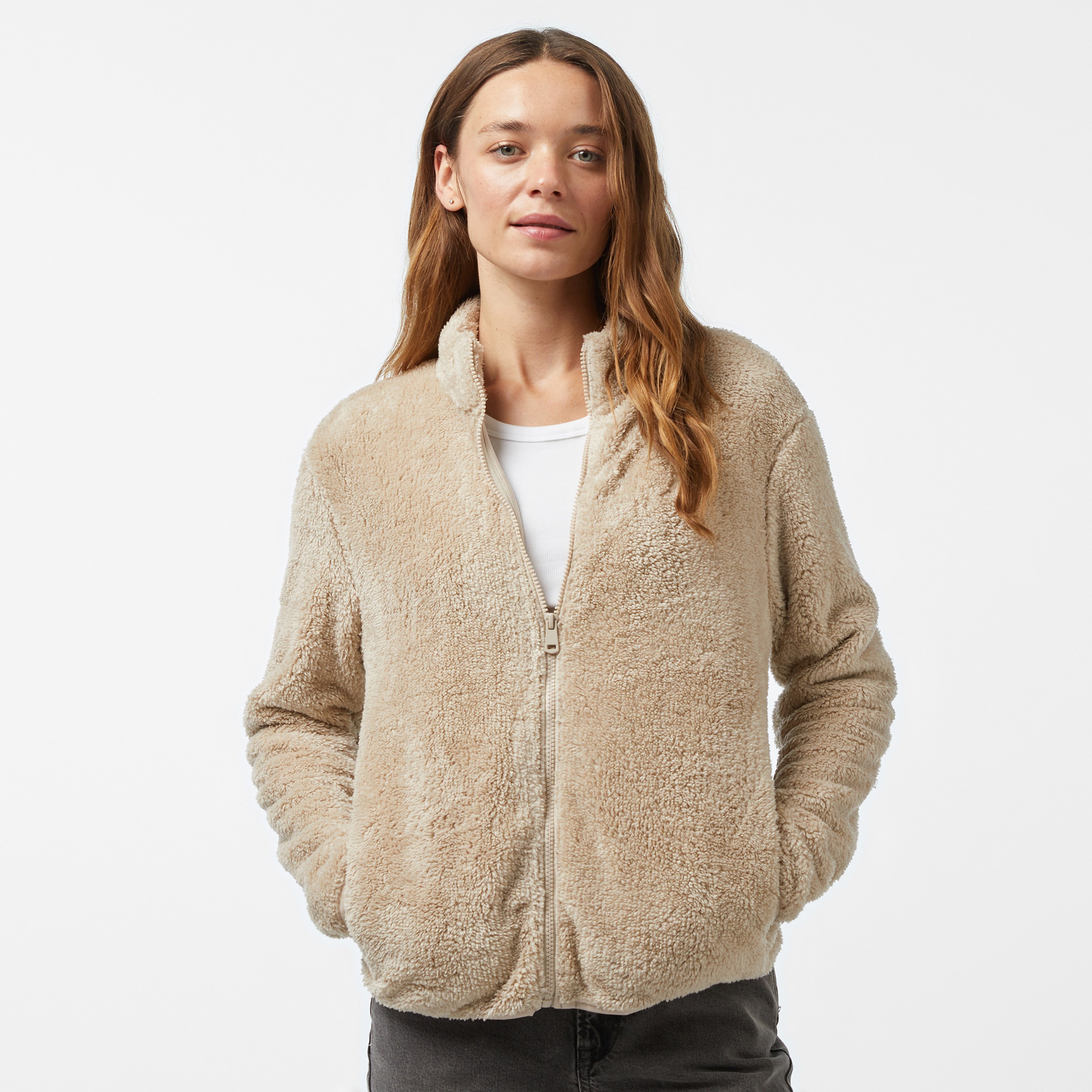 Nautica Kadın Bej Regular Fit Fermuarlı Peluş Sweatshirt