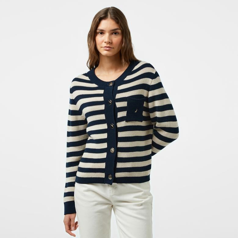 Nautica Kadın Lacivert Çizgili Regular Fit Hırka