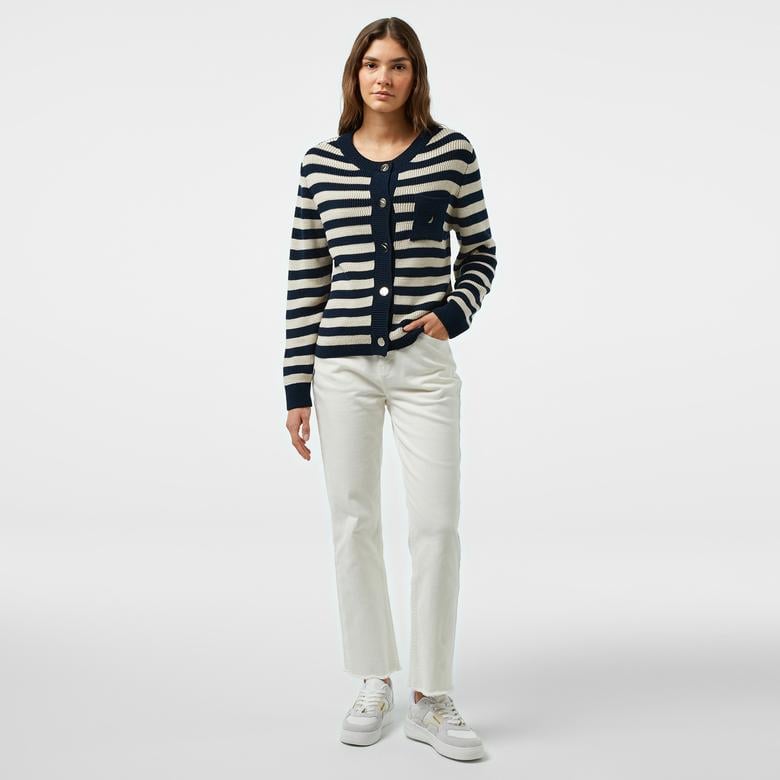 Nautica Kadın Lacivert Çizgili Regular Fit Hırka