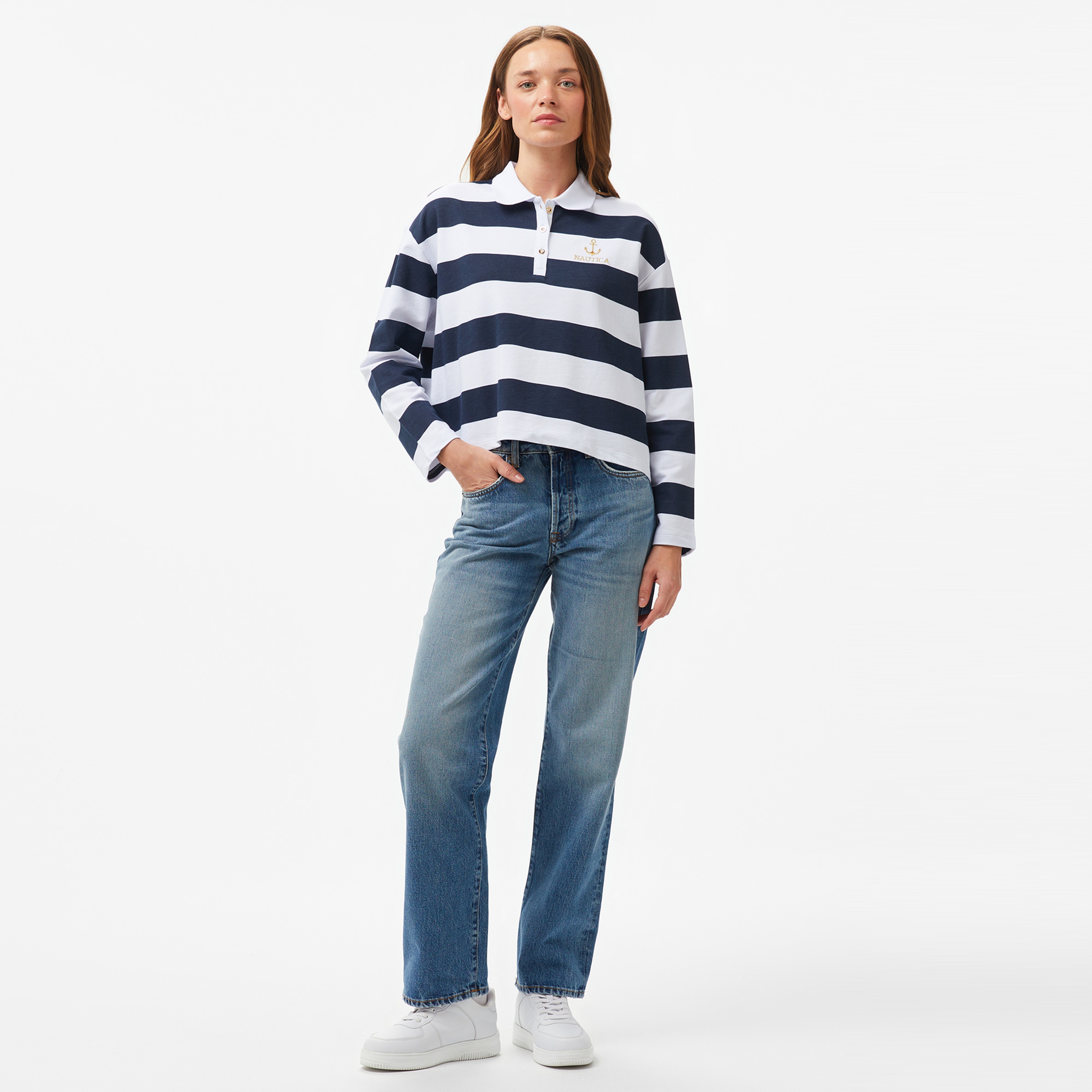 Nautica Kadın Lacivert Çizgili Uzun Kollu Polo