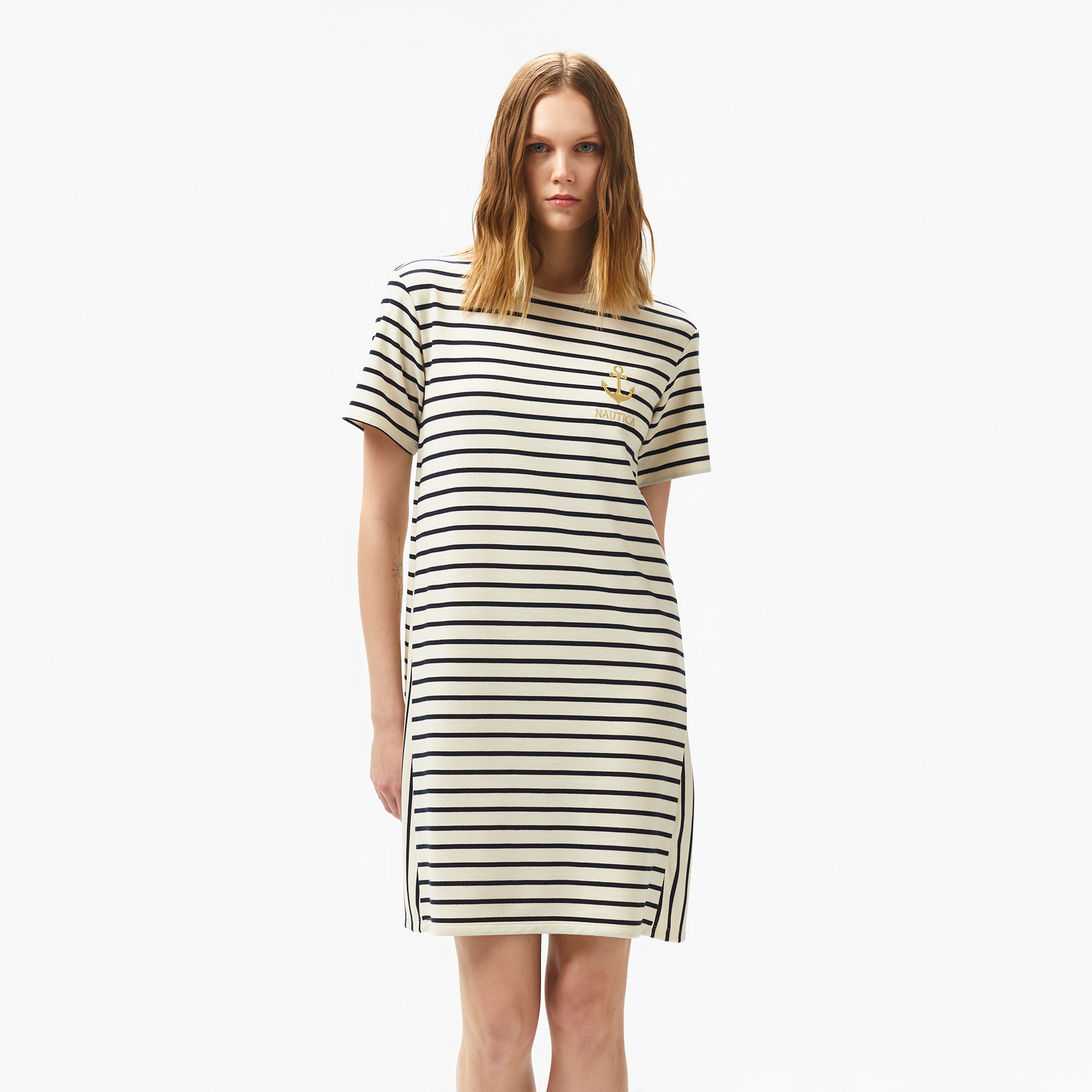 Nautica Kadın Krem Regular Fit Çizgili Elbise