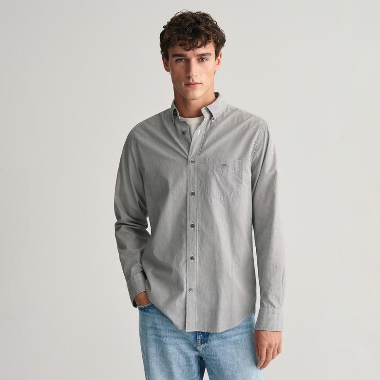 GANT Erkek Siyah Regular Fit Düğmeli Yaka Çizgili Gömlek