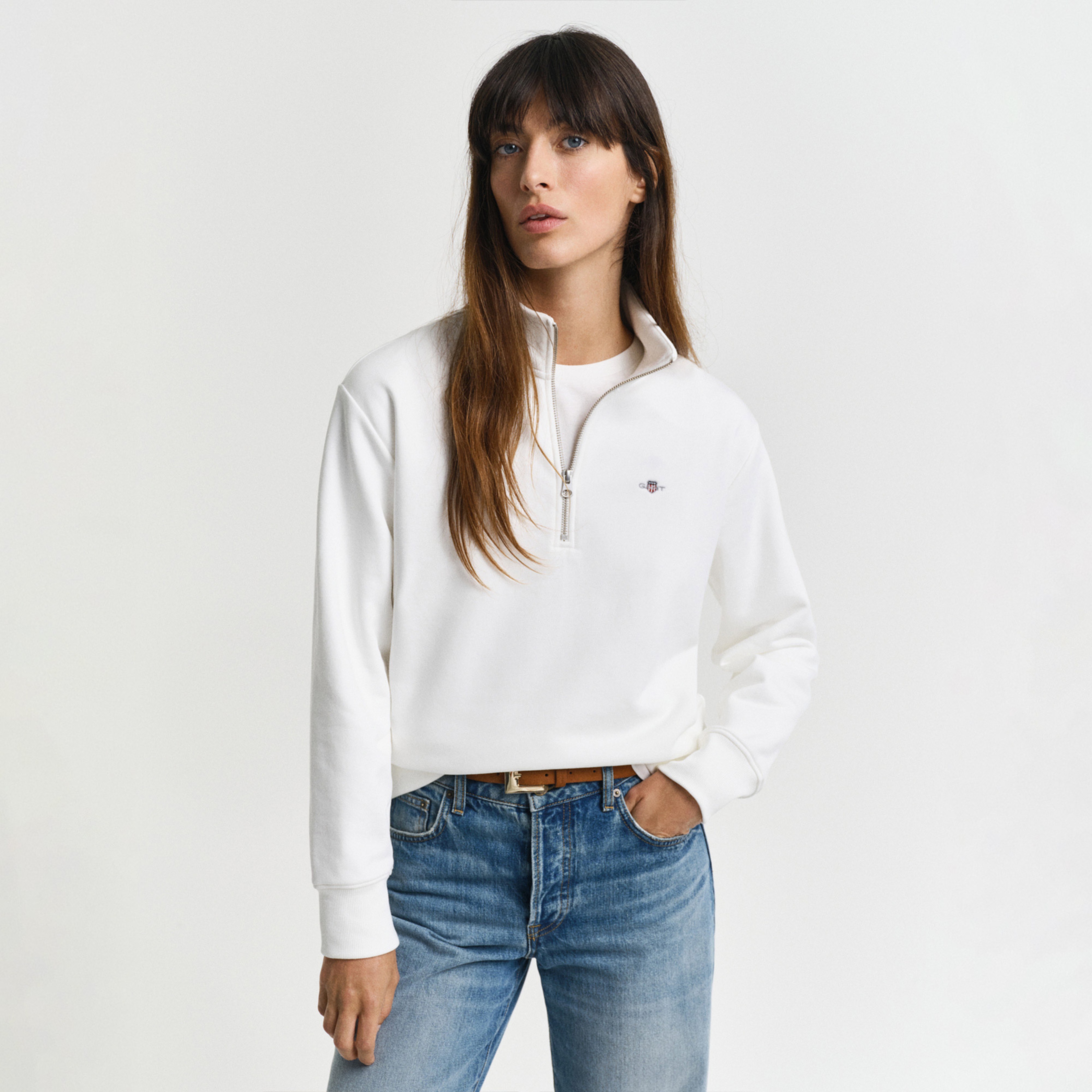 GANT Kadın Beyaz Relaxed Fit Yarım Fermuarlı Sweatshirt