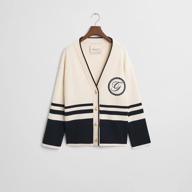 GANT Kadın Krem Relaxed Fit V Yaka Çizgili Hırka