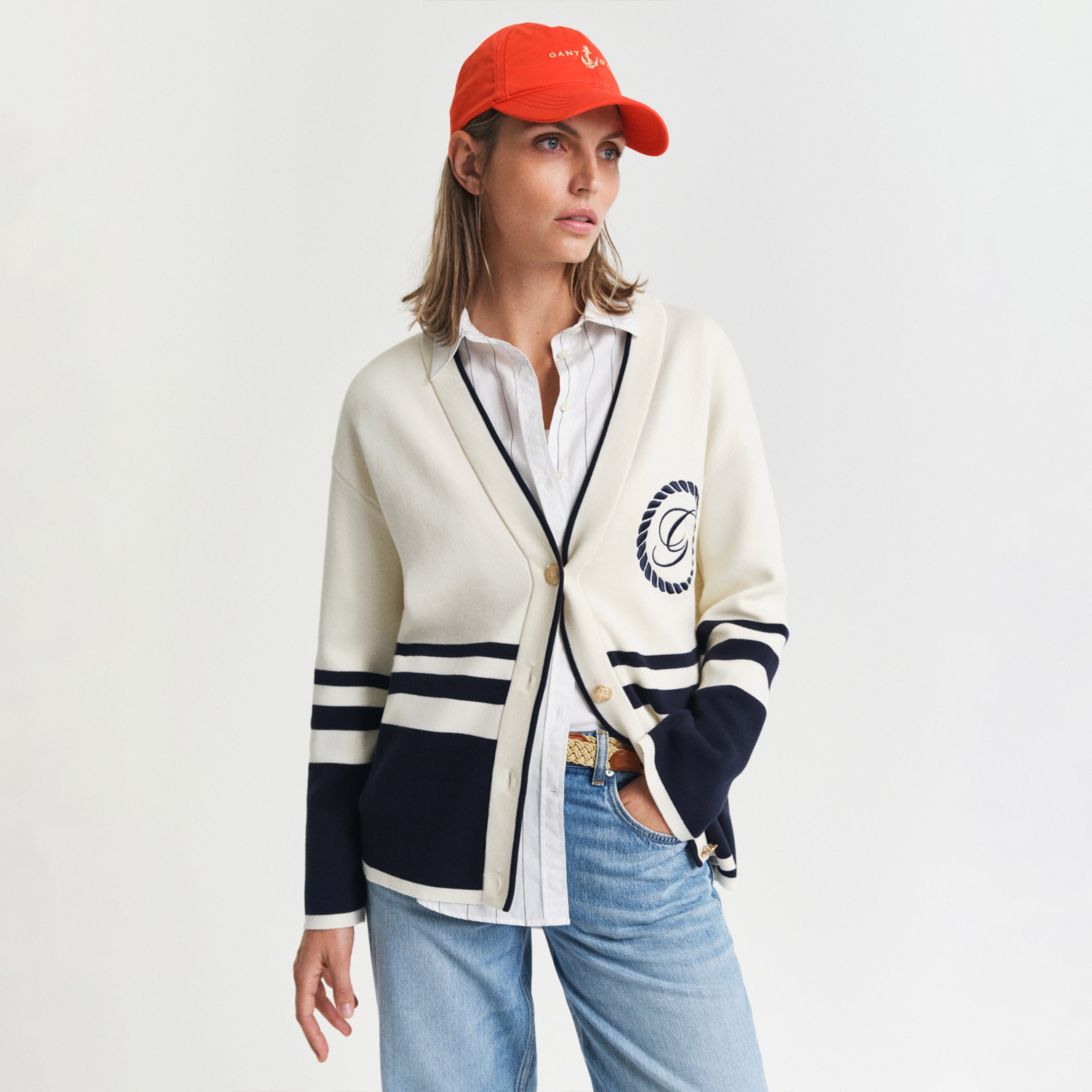 GANT Kadın Krem Relaxed Fit V Yaka Çizgili Hırka