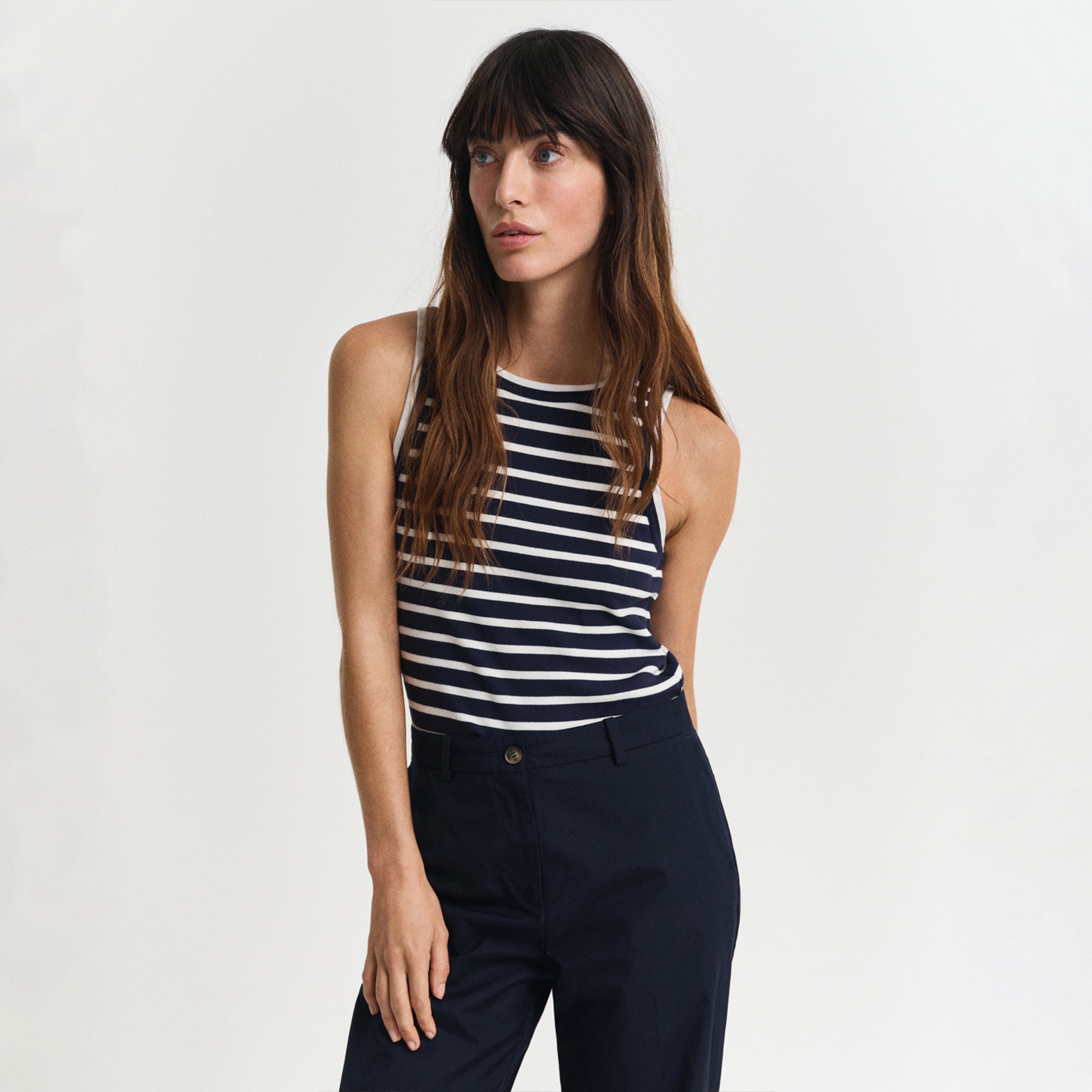 GANT Kadın Lacivert Regular Fit Bisiklet Yaka Çizgili T-Shirt