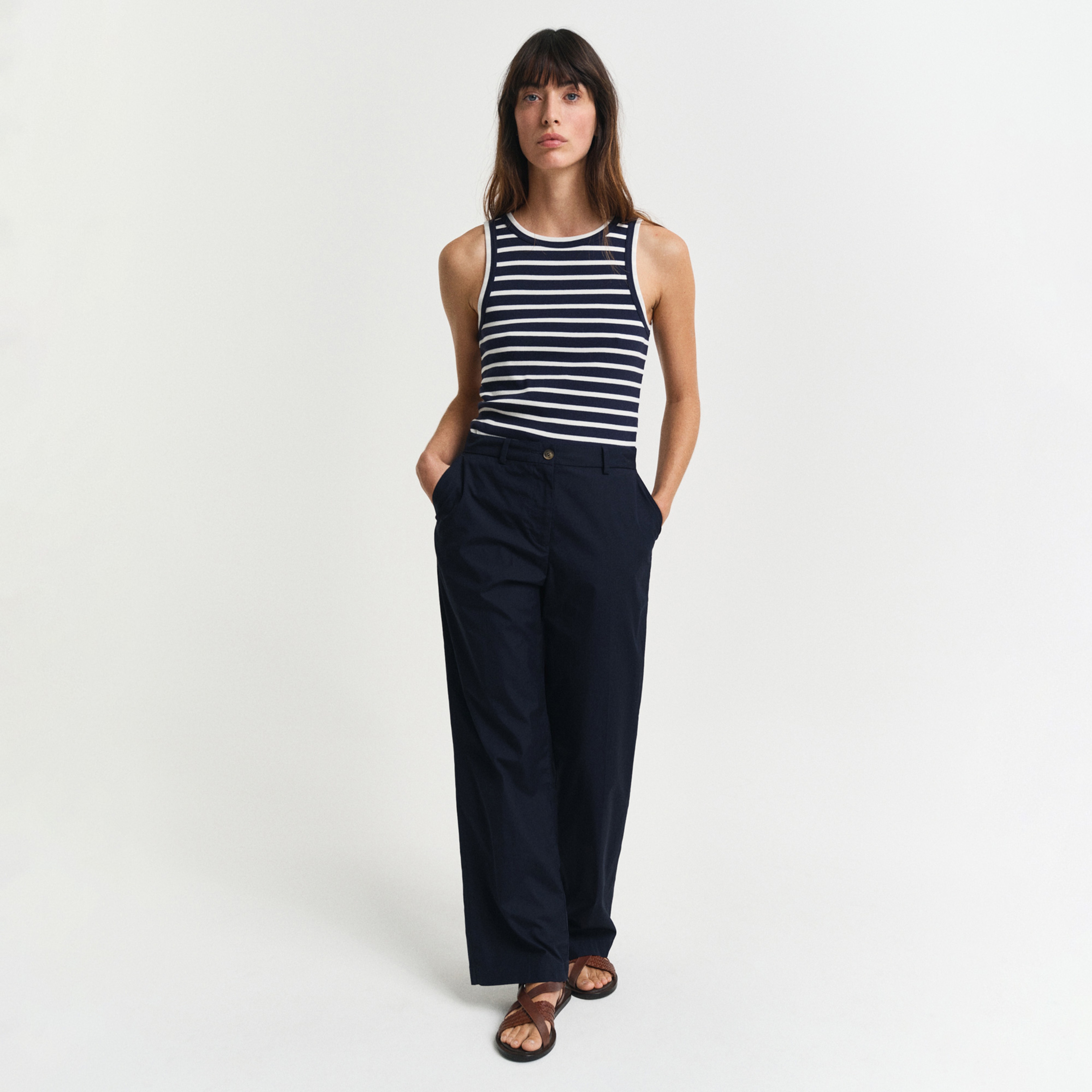 GANT Kadın Lacivert Regular Fit Bisiklet Yaka Çizgili T-Shirt