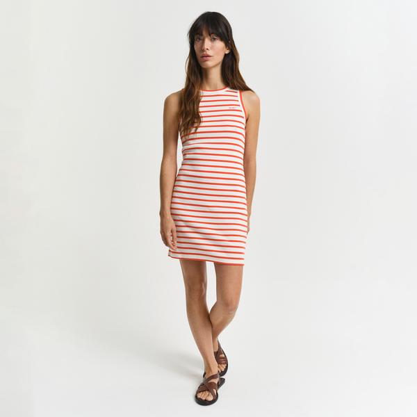 GANT Kadın Turuncu Slim Fit Bisiklet Yaka Çizgili Elbise