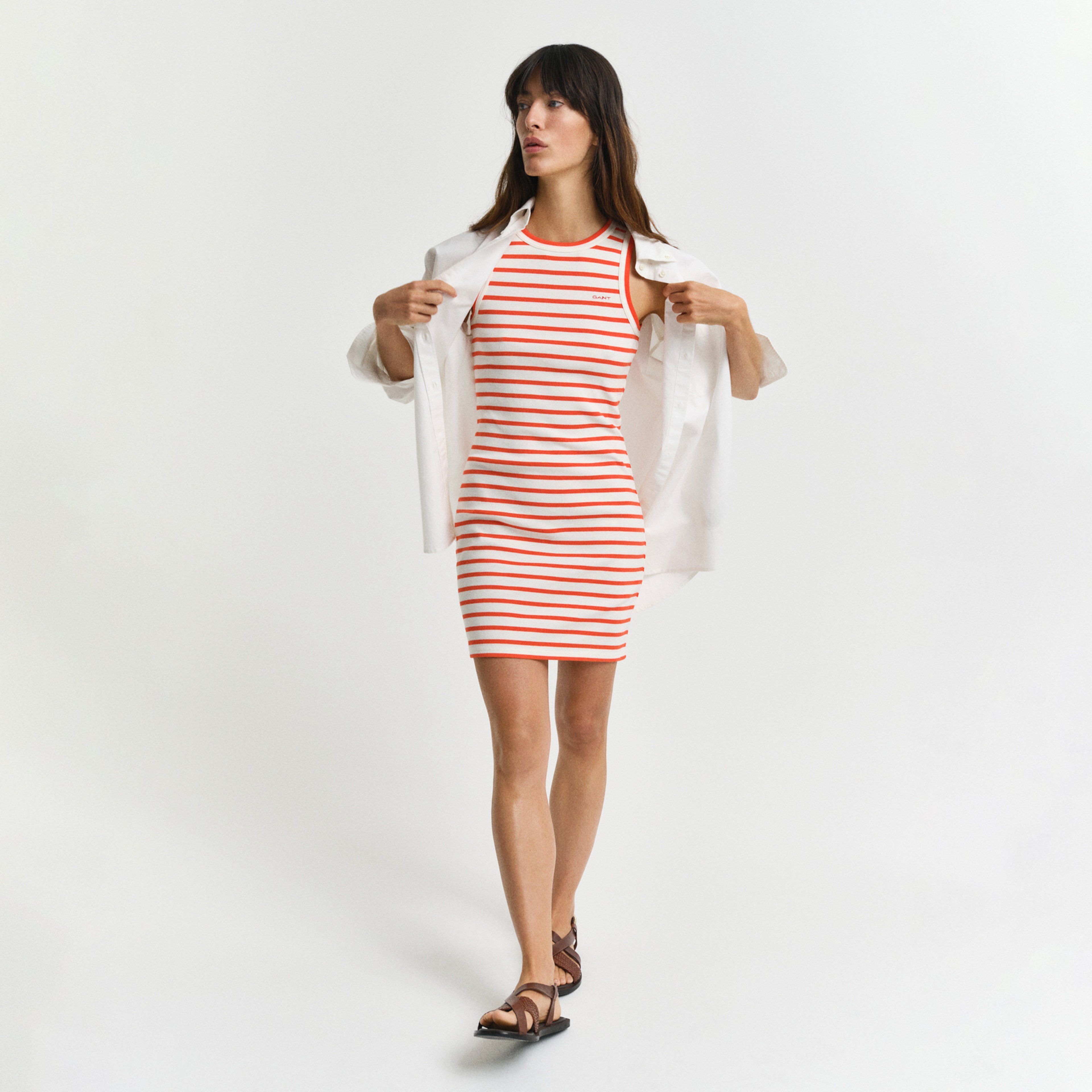 GANT Kadın Turuncu Slim Fit Bisiklet Yaka Çizgili Elbise