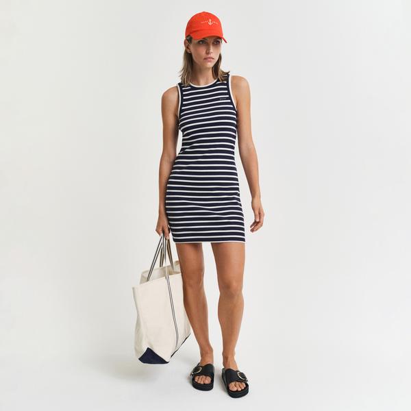 GANT Kadın Lacivert Slim Fit Bisiklet Yaka Çizgili Elbise