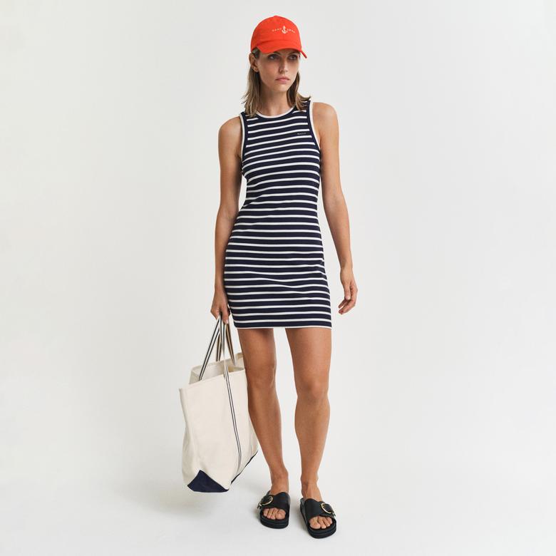 GANT Kadın Lacivert Slim Fit Bisiklet Yaka Çizgili Elbise