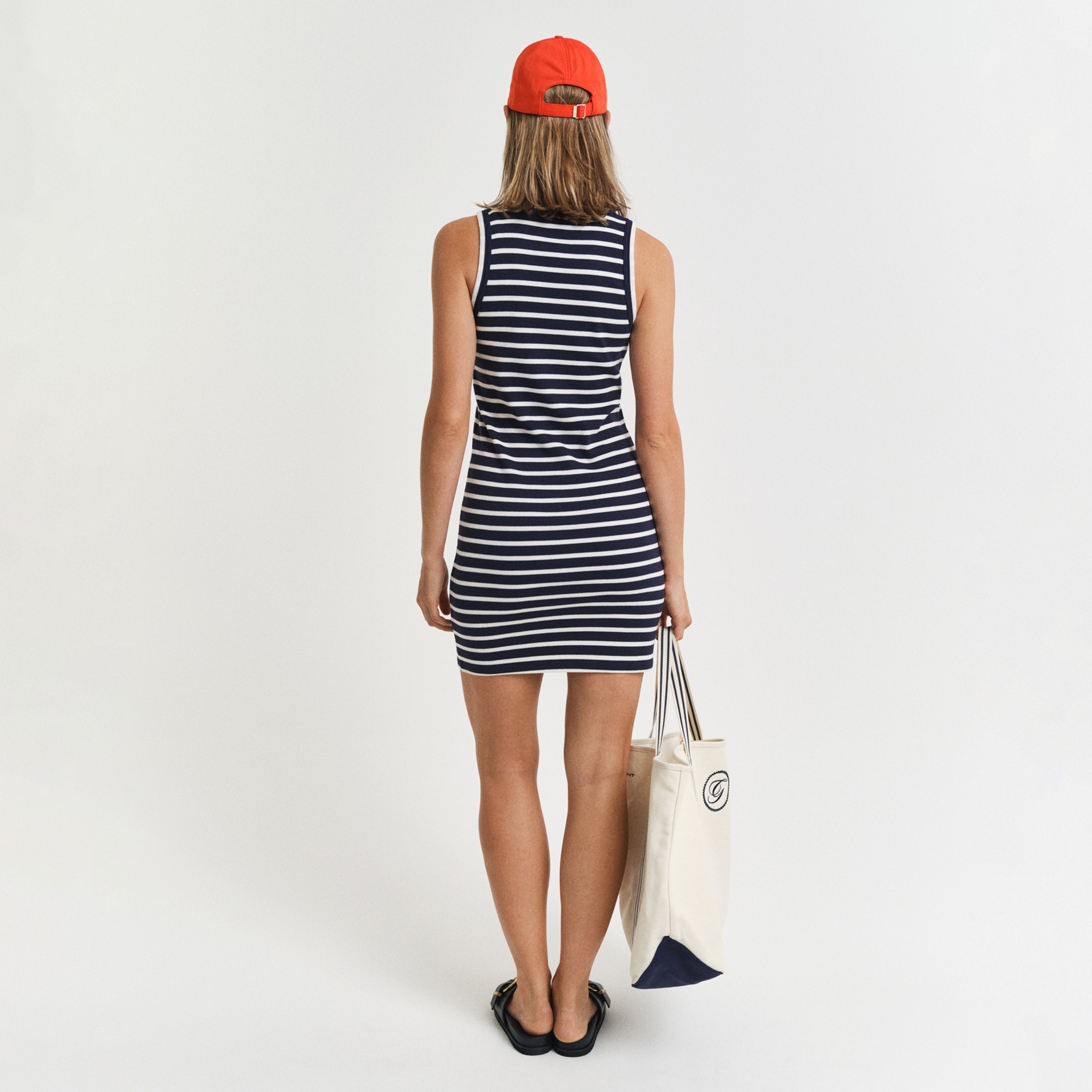 GANT Kadın Lacivert Slim Fit Bisiklet Yaka Çizgili Elbise