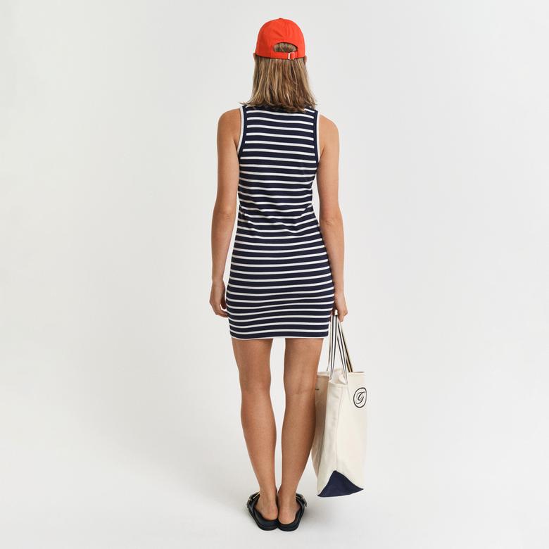 GANT Kadın Lacivert Slim Fit Bisiklet Yaka Çizgili Elbise