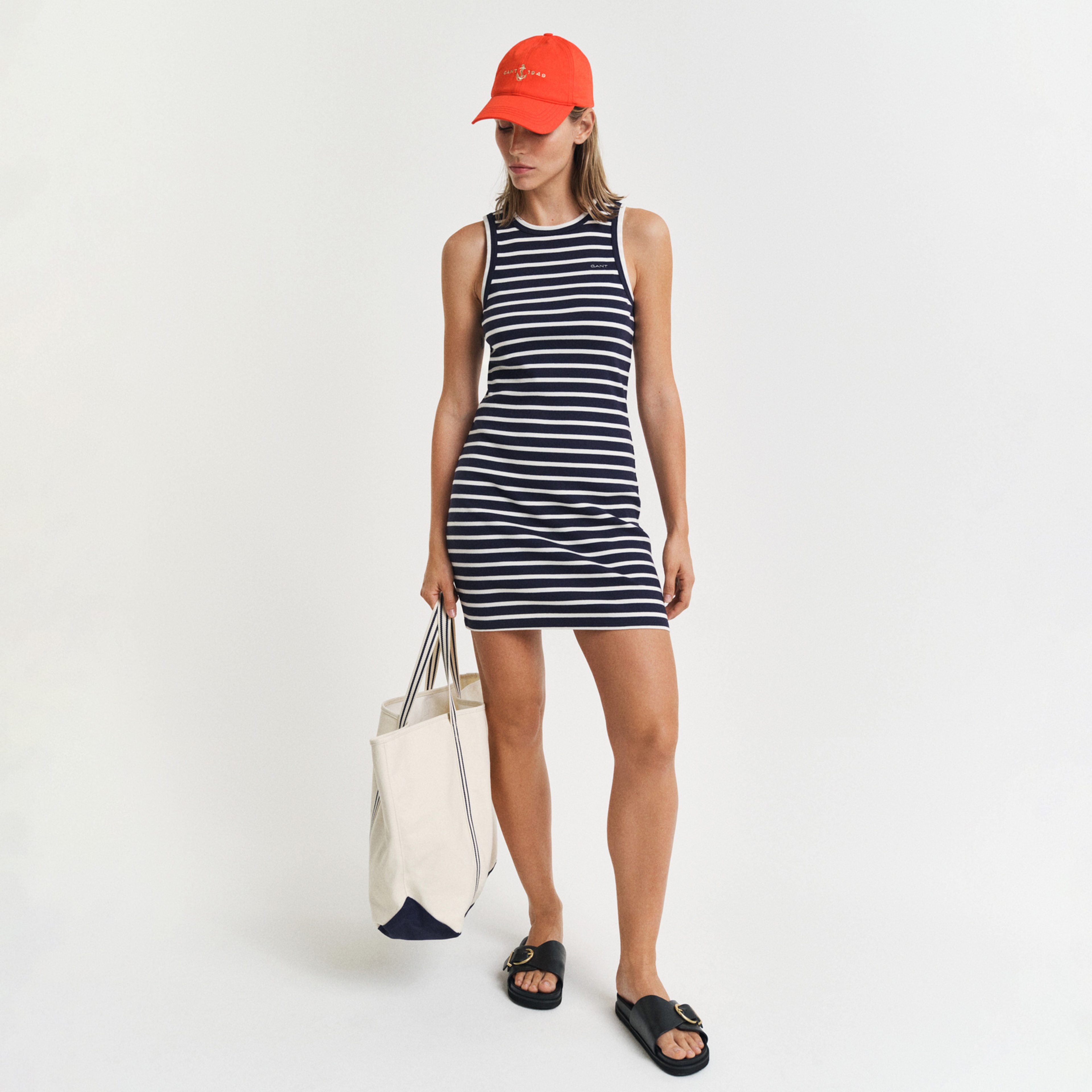 GANT Kadın Lacivert Slim Fit Bisiklet Yaka Çizgili Elbise