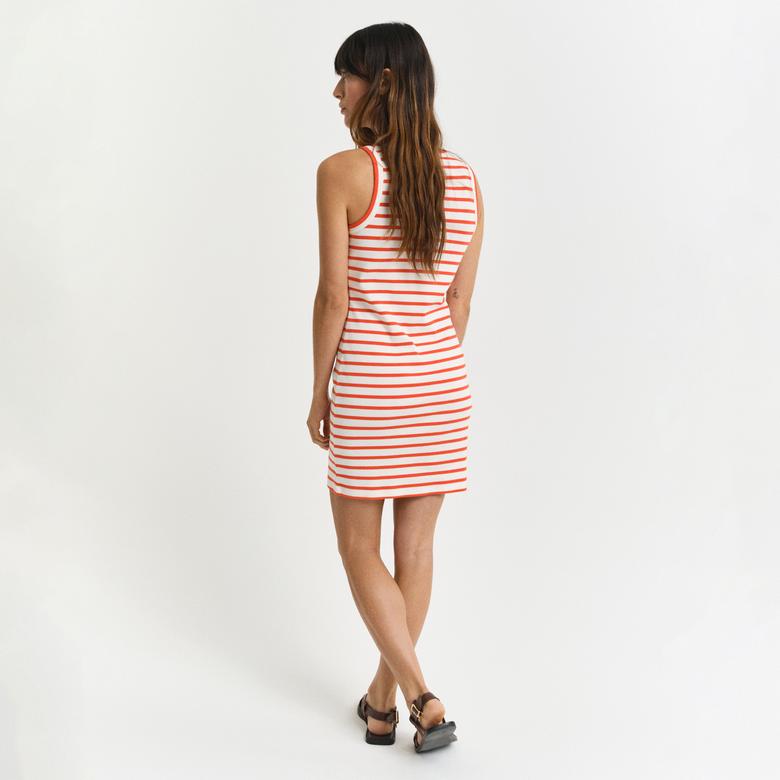 GANT Kadın Turuncu Slim Fit Bisiklet Yaka Çizgili Elbise