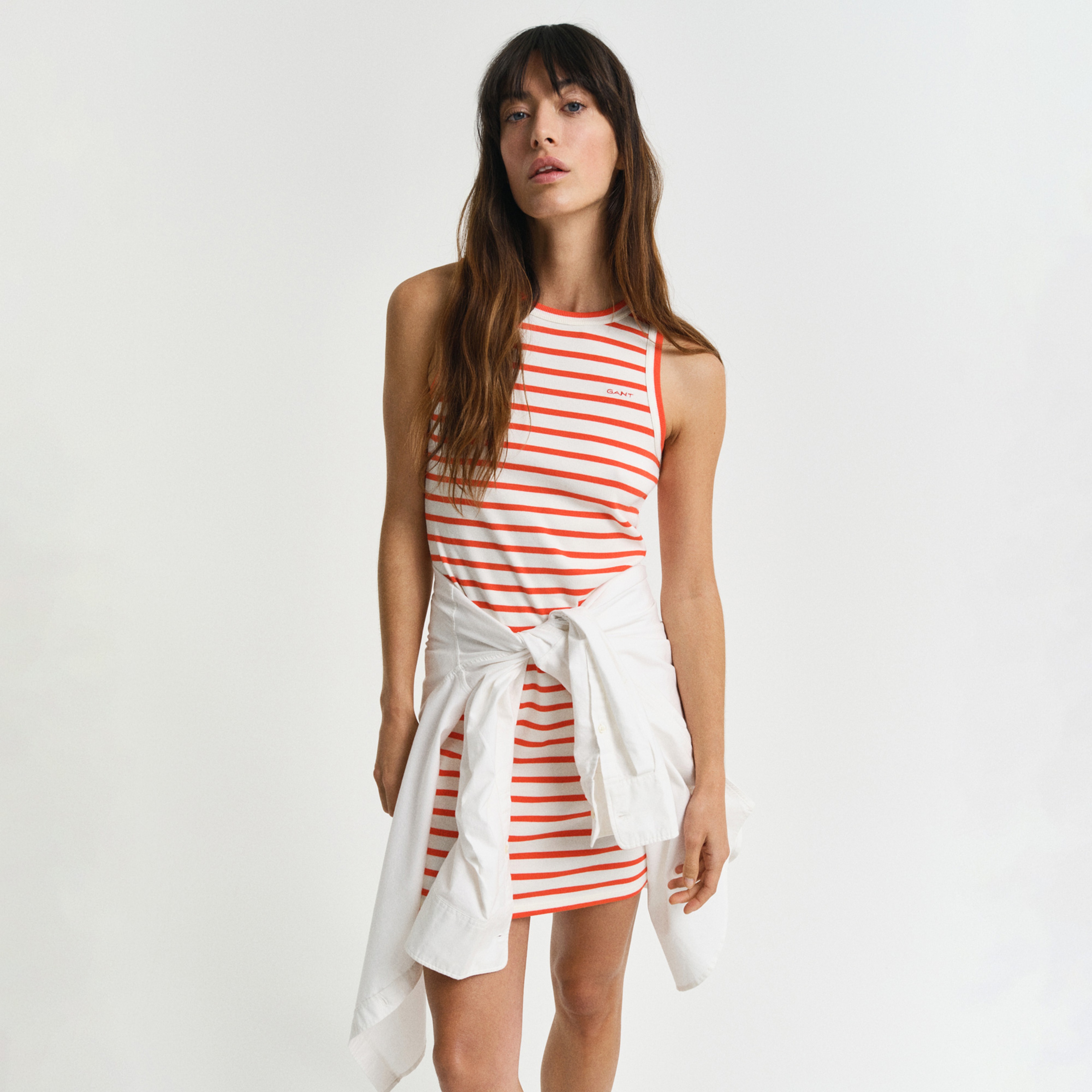 GANT Kadın Turuncu Slim Fit Bisiklet Yaka Çizgili Elbise