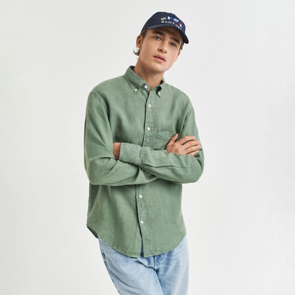 GANT Erkek Yeşil Regular Fit Düğmeli Yaka Keten Gömlek