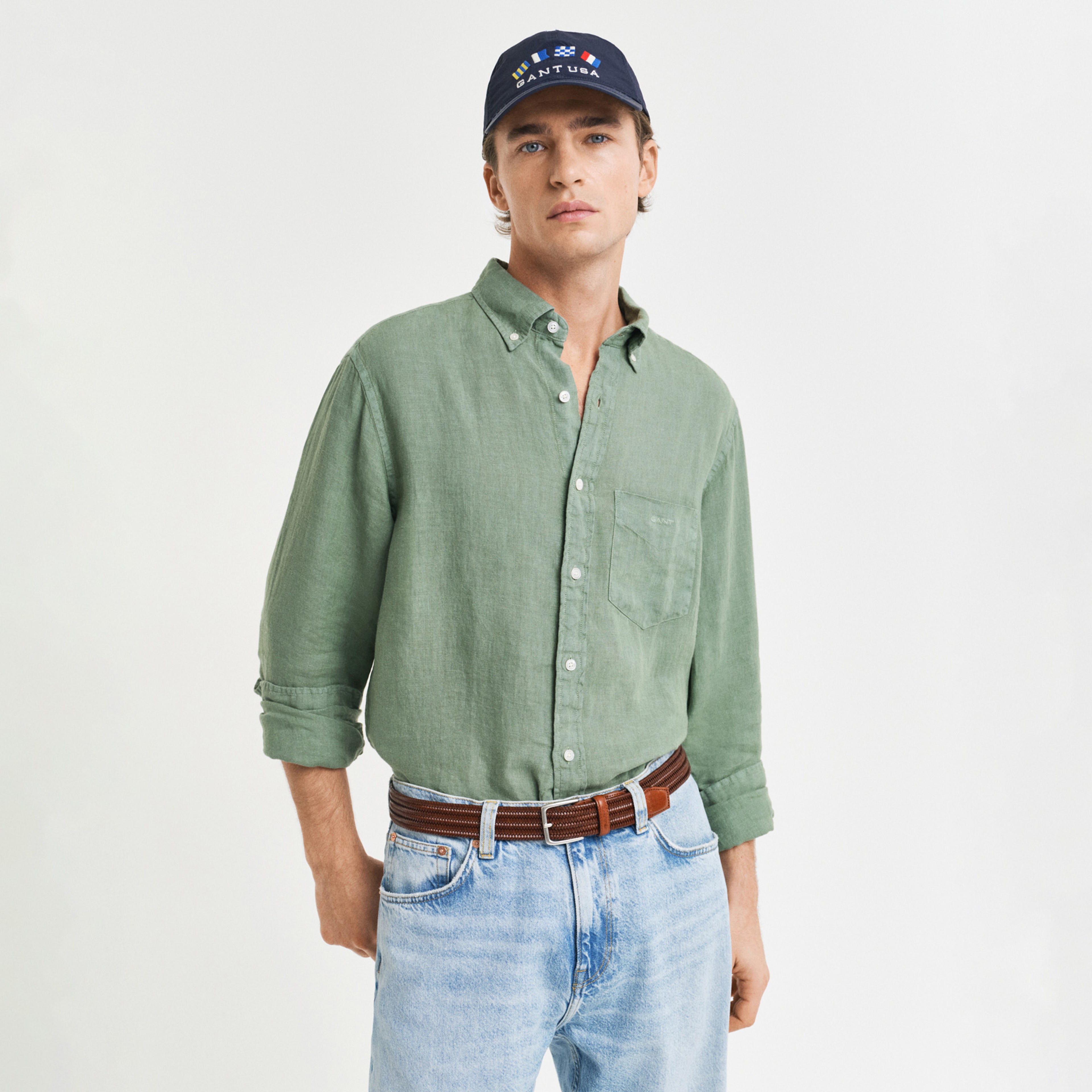 GANT Erkek Yeşil Regular Fit Düğmeli Yaka Keten Gömlek